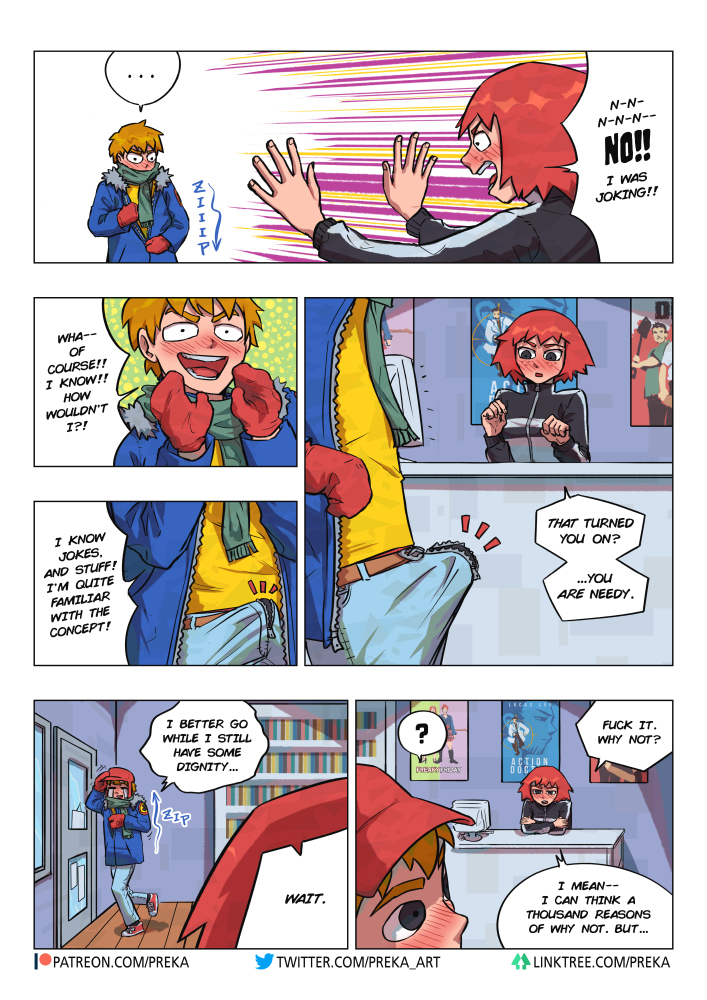 1boy1girl ? black_eyes blush brown_hair bulge coat comic_page dialogue embarrassed english_text erection_under_clothes female freckles fully_clothed kim_pine male mittens orange_hair preka red_hair scott_pilgrim scott_w_pilgrim short_hair speech_bubble tenting undressing unzipping