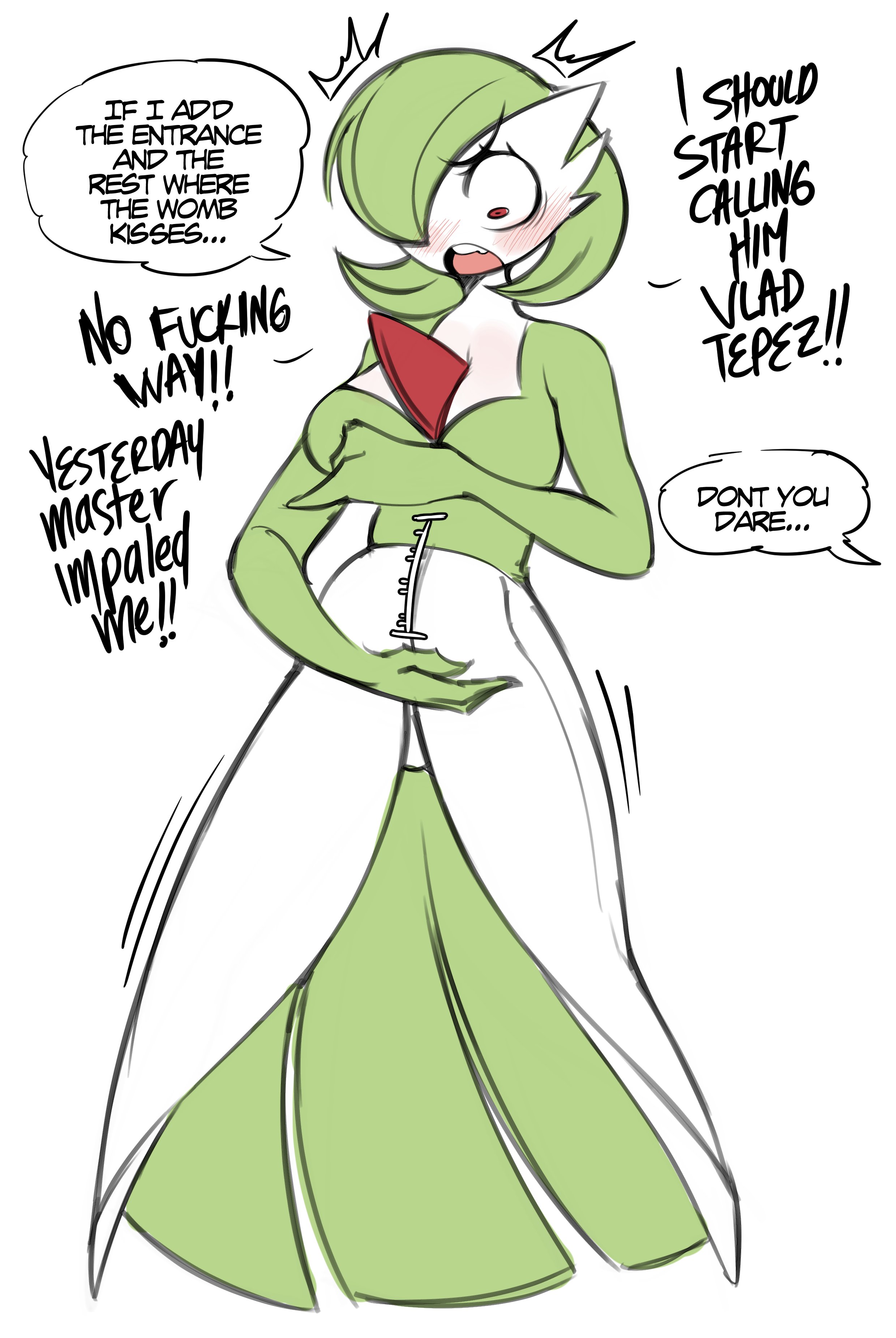 1girls, blush, breasts, clothing, dialogue, english text, female, female pokemon, funny, gardevoir, generation 3 pokemon, humanoid, large breasts, measuring penetration depth, nintendo, open mouth, pokémon (species), pokemon, pokemon (species), pokemon only, red eyes, saltyxodium, short hair, solo, solo female, speech bubble, spread legs, very high resolution, white background, wide eyed, wide hips