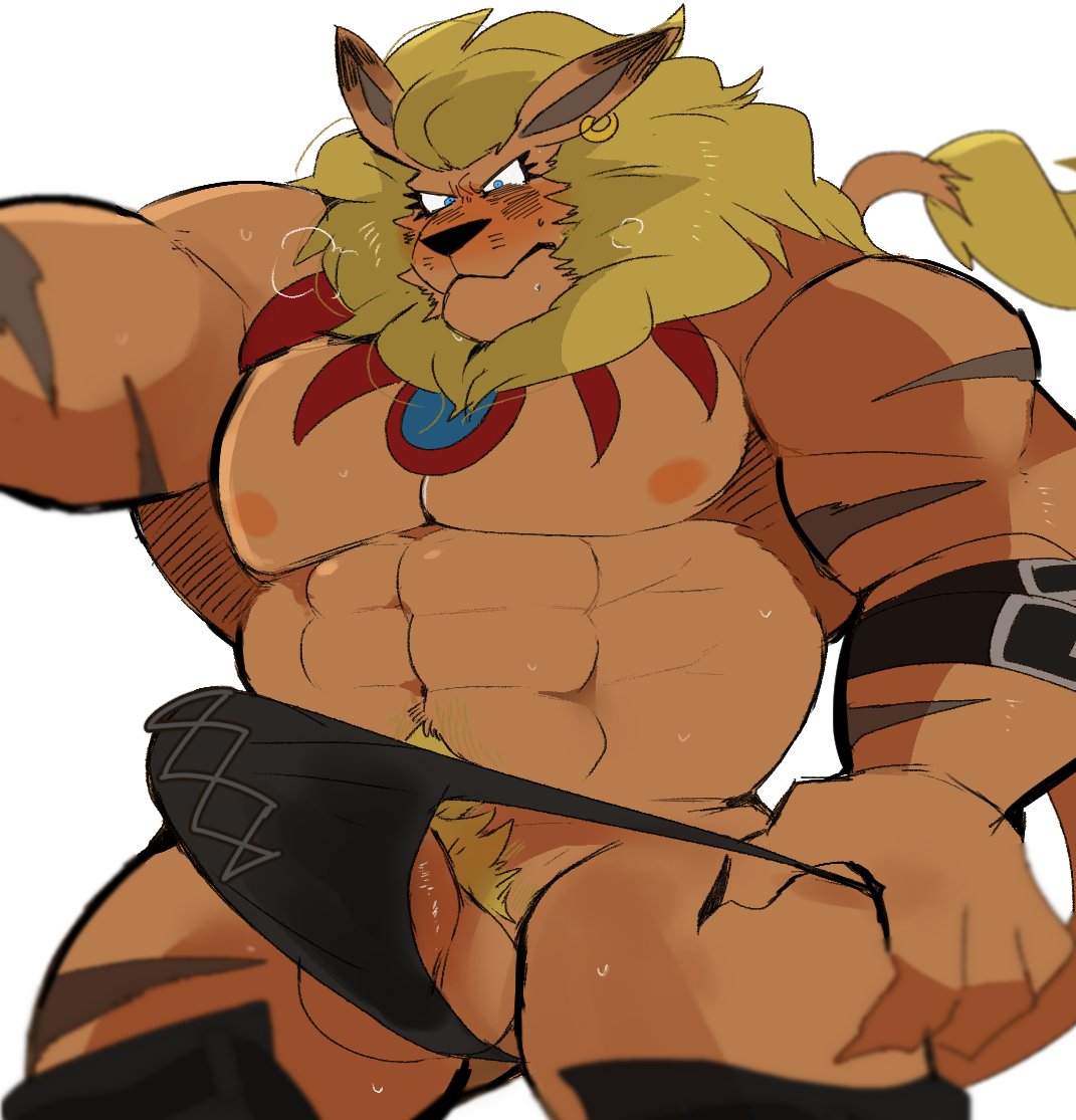 anthro balls bara barazoku blush boner digimon erection erection_under_clothes furry hyaku_(artist) leomon lion male male_only muscles muscular penis solo solo_male