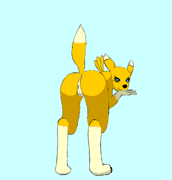 animated anthro anus ass barefoot black_nose black_sclera blue_eyes closed_mouth color cyan_background digimon female female_only fur furry furry_ass furry_ears furry_tail looking_back low_res open_eyes pointy_ears raised_tail renamon solo tail vulva white_fur yellow_fur