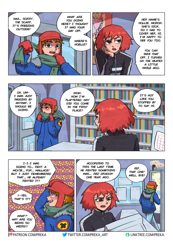 1boy 1girls black_eyes coat comic_page dialogue english_text female freckles hat kim_pine male orange_hair preka red_hair scarf scott_pilgrim scott_w_pilgrim short_hair speech_bubble winter_clothes