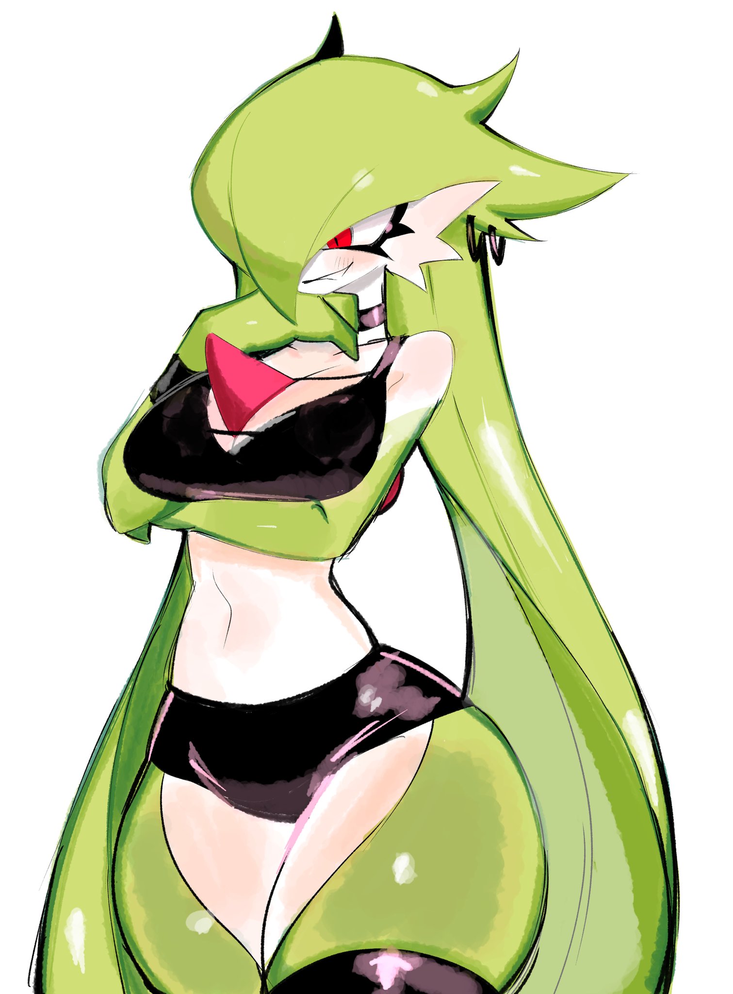 1girls, 2023, 2d, 2d (artwork), anthro only, ass, bangs, belly, belly button, big ass, big breasts, big butt, black clothing, black legwear, black stockings, black tank top, black thighhighs, bracelet, breasts, choker, clothing, color, earrings, fairy, fanart, female, full color, game freak, gardevoir, green hair, green skin, green skinned female, hair over one eye, hips, huge ass, huge butt, humanoid, large ass, large butt, light skin, light-skinned female, long hair, multicolored body, nintendo, pale skin, pale-skinned female, pokémon (species), pokemon, pokemon (species), pokemon rse, red eyes, shorts, smile, smiling at viewer, smirk, smirking at viewer, solo, solo female, stockings, tank top, thick thighs, thighhighs, thighs, usa37107692, very long hair, video game franchise, video games, voluptuous, voluptuous female