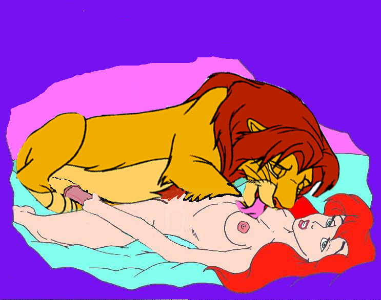 anthro ariel bestiality breasts chest crossover disney disney_princess edit feline female interspecies karstens licking licking_breast lion male mammal mermaid mermaid_tail missionary_position on_back penis red_hair royalty simba the_lion_king the_little_mermaid zoophilia