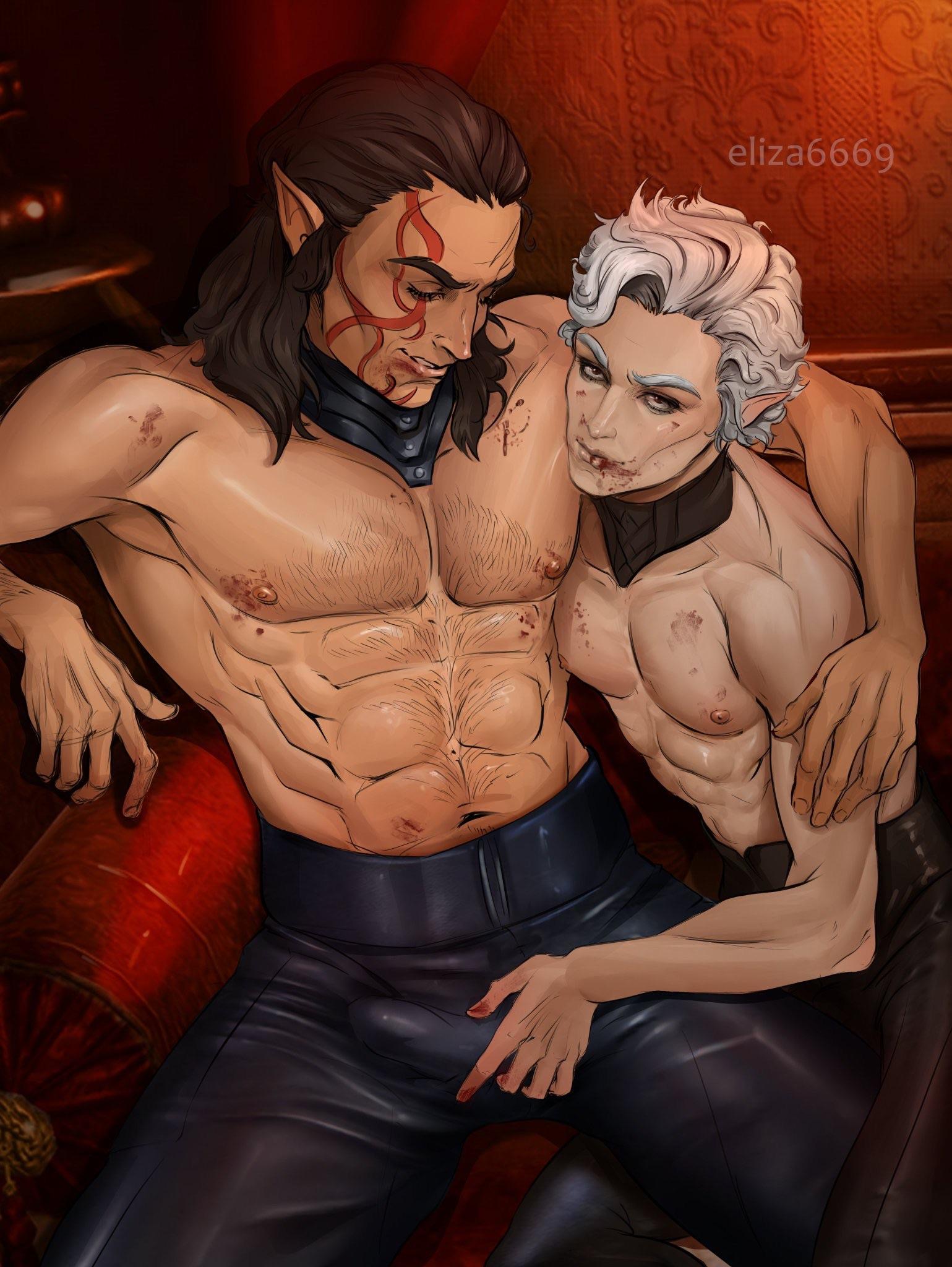 2boys, astarion, baldur's gate 3, boner, bulge, dungeons and dragons, elf, eliza6669, erection, forgotten realms, gay, halsin, handjob, hard on, male, male only, twink, twink and daddy