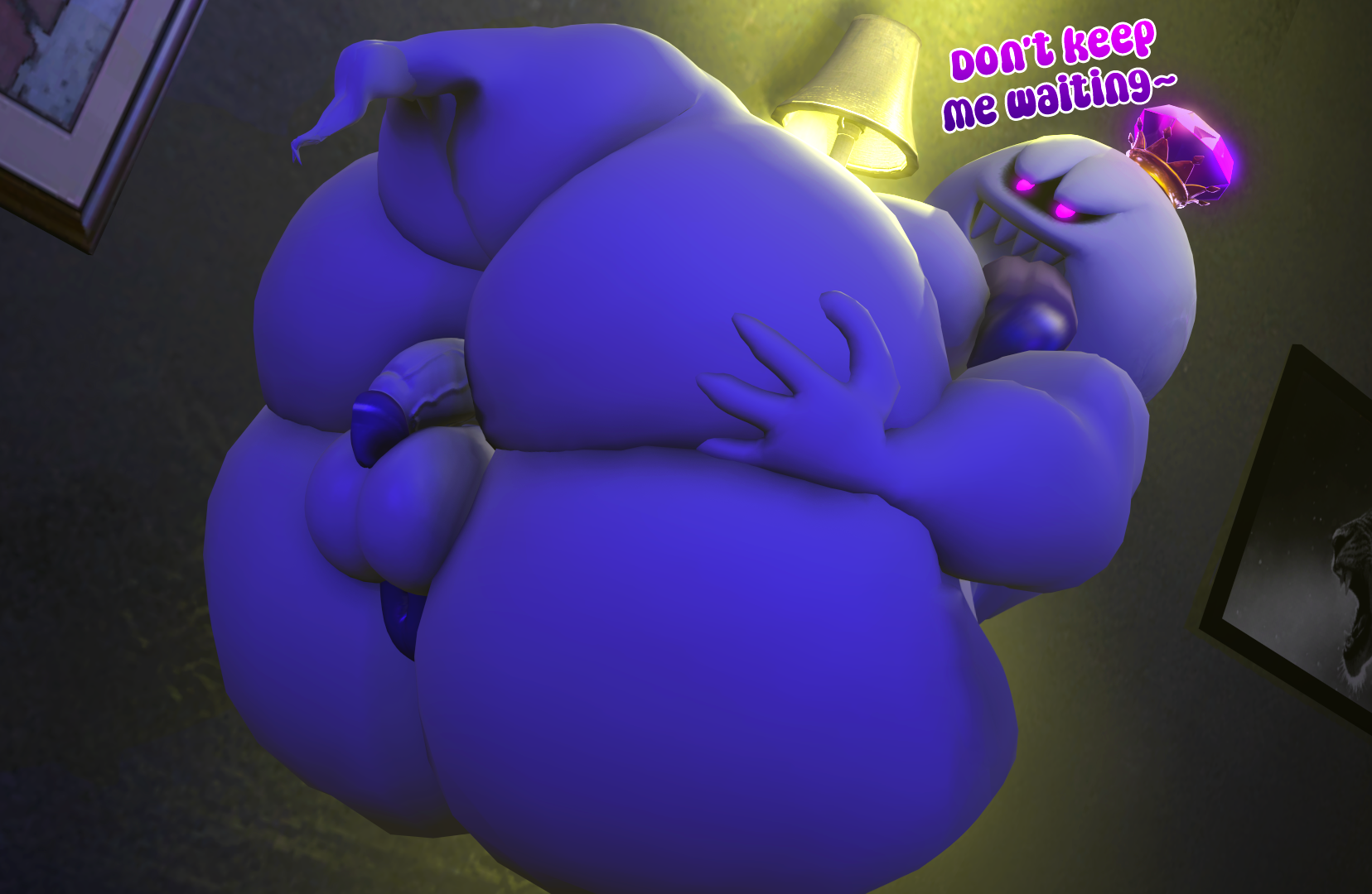3d, anus, balls, belly, boo (mario), chubby, dialogue, english text, fat, king, king boo, luigi's mansion, male, mario (series), moobs, mrrainbow, nintendo, overweight, penis, source filmmaker, tagme, text