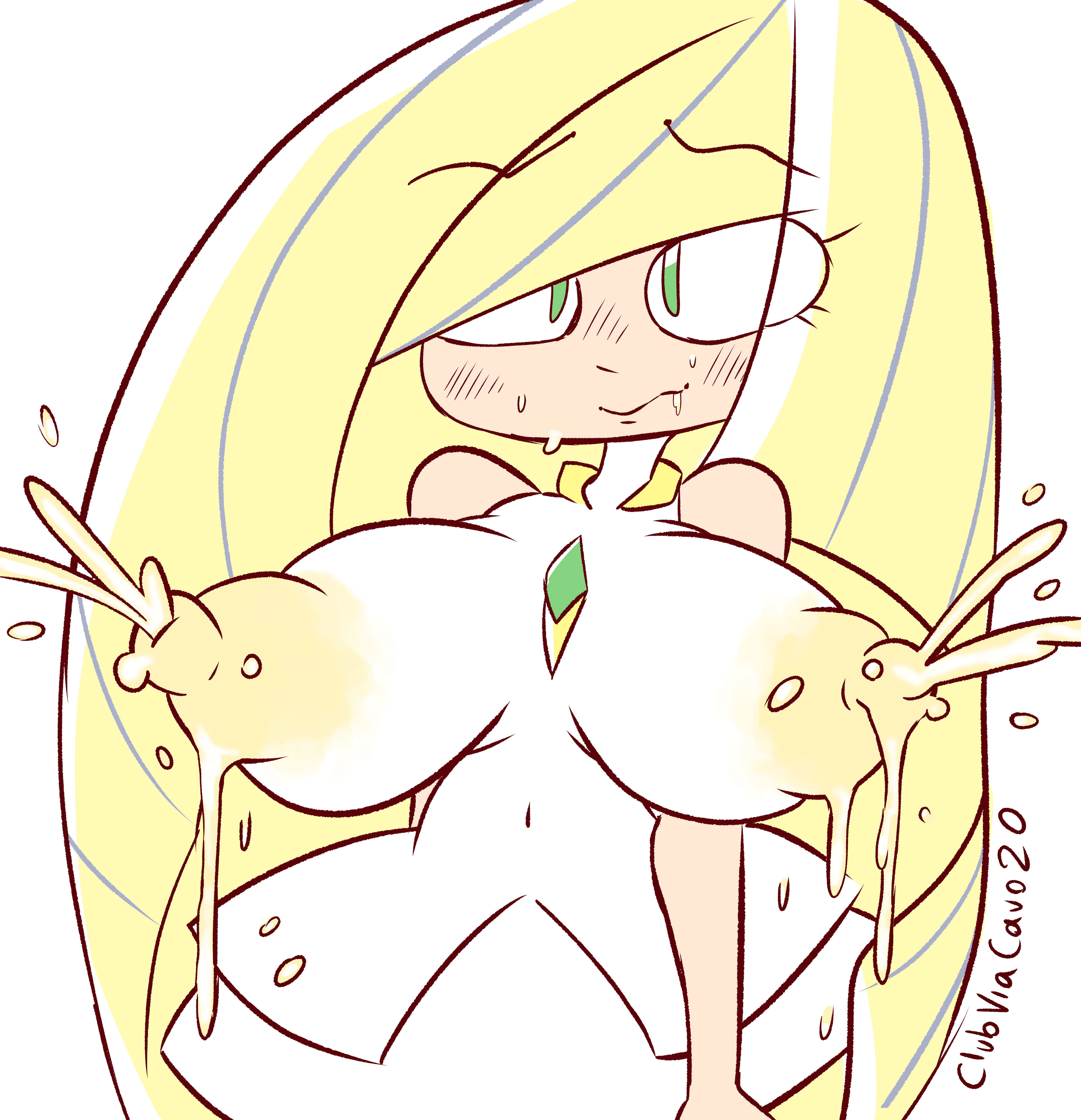 1girls, 2020, aether foundation, ahe gao, big breasts, big nipples, blonde hair, breasts, clubviacavo, dated, female, green eyes, human, lactation, lactation through clothes, lusamine (pokemon), milf, milk squirt, nintendo, nipples, pokemon, pokemon sm, text, watermark