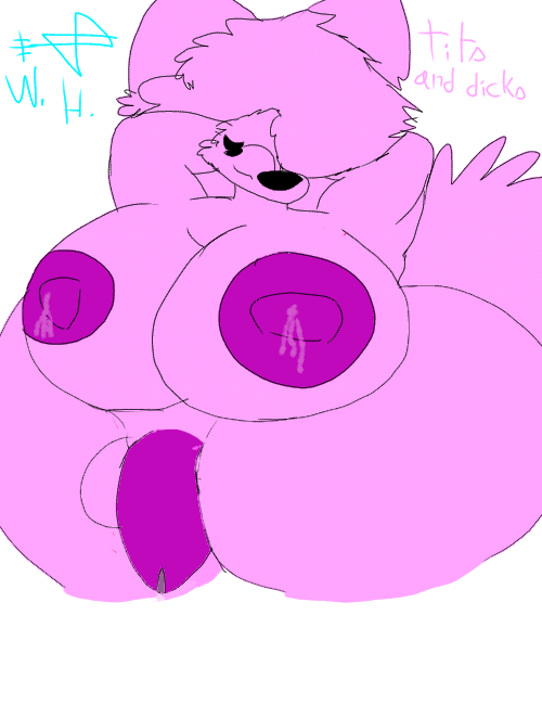 anthro artist_initials ass big_breasts big_butt big_penis bodily_fluids breasts canid canine canis closed_eyes female fluffy fluffy_tail futanari genitals half-length_portrait hand_behind_head herm huge_breasts huge_butt huge_thighs intersex lactating mammal nipples nude obstructed_eye overweight overweight_female overweight_herm overweight_intersex penis pink_body portrait purple_breastmilk purple_nipples purple_penis signature simple_background smile solo tail thick_thighs w0lfh4art white_background wolf