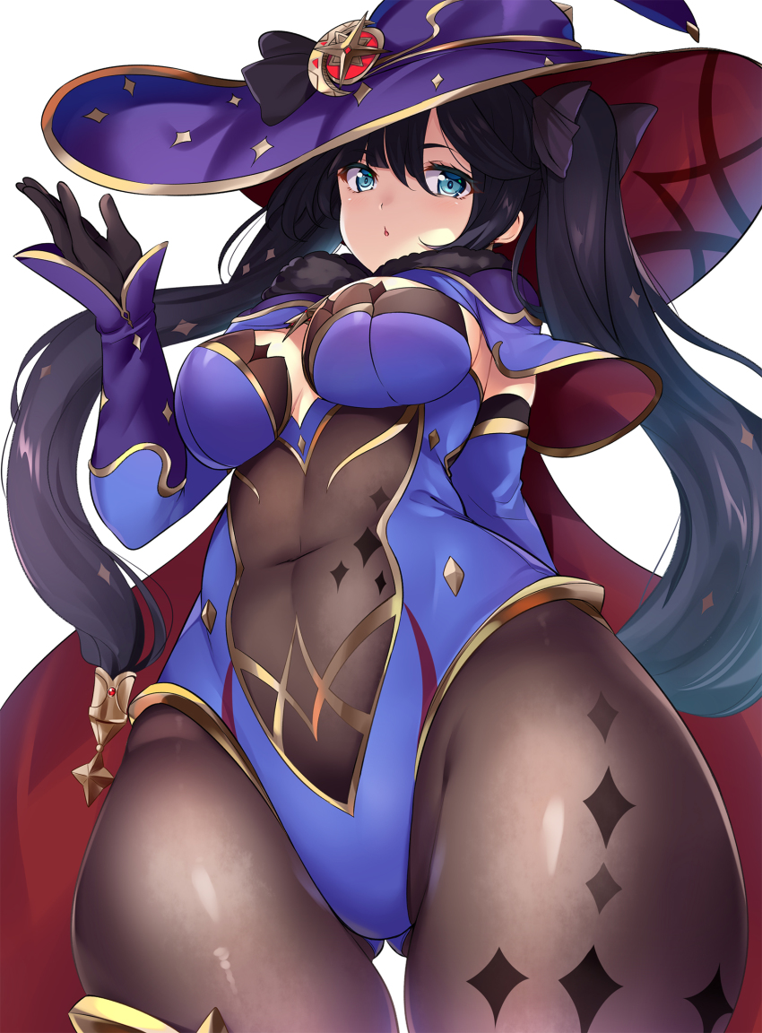 1girls black_hair blue_eyes bodystocking breasts cleavage clothed covered_navel female from_below genshin_impact hair_ornament hat hinata_sora leotard medium_breasts mona_(genshin_impact) solo solo_female thick_thighs thighs twintails