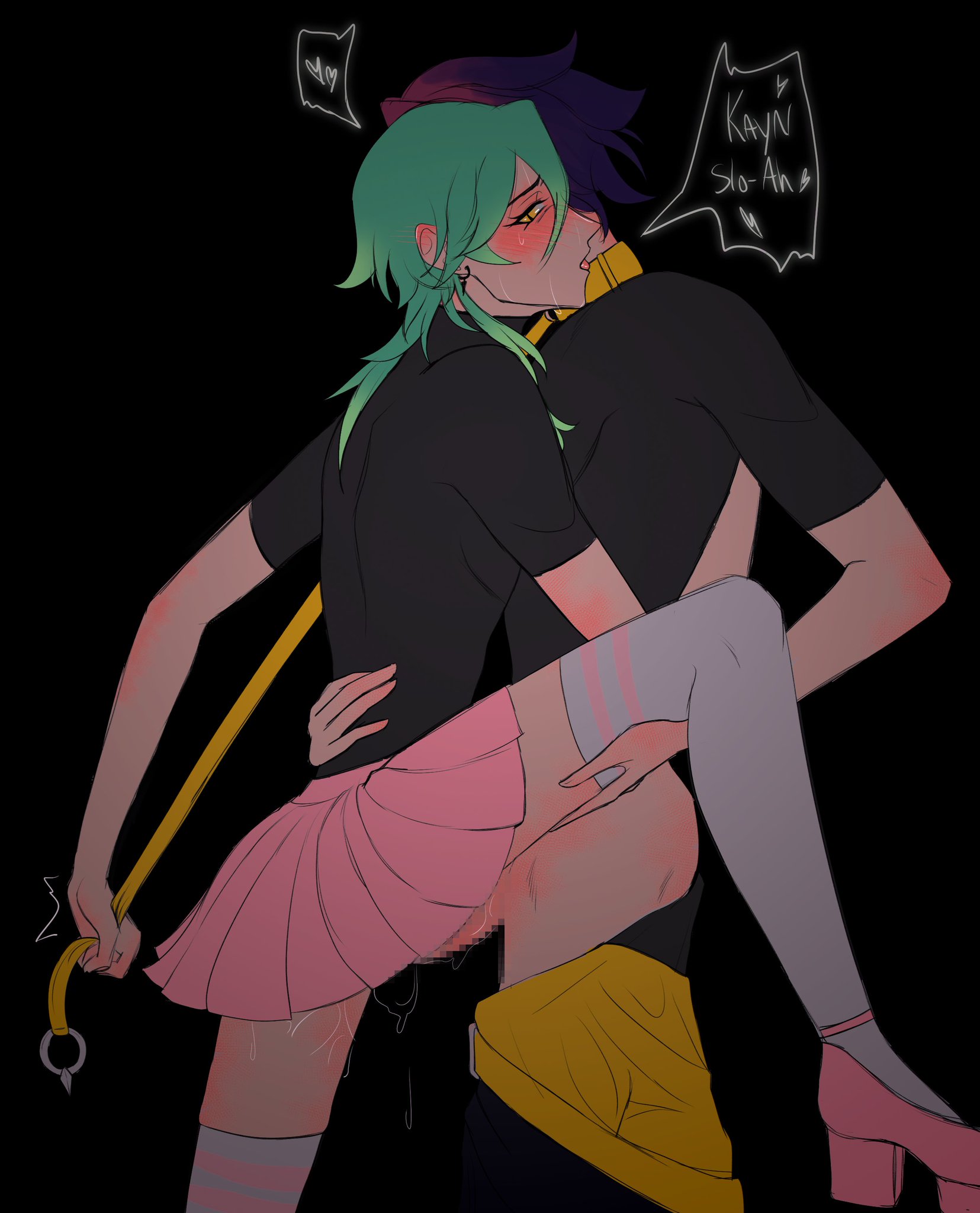 blush, choker, clothing, cum, cum drip, dialogue, ezreal, femboy, feminine male, gay, green hair, heart, heartsteel ezreal, heartsteel kayn, heartsteel series, implied anal, implied penetration, kayn, league of legends, legs up, male, male only, male/male, moaning, no visible genitalia, open mouth, pants down, penetration, pink skirt, pleasure face, sex, sex under clothes, side view, skirt, waist grab, yaoi
