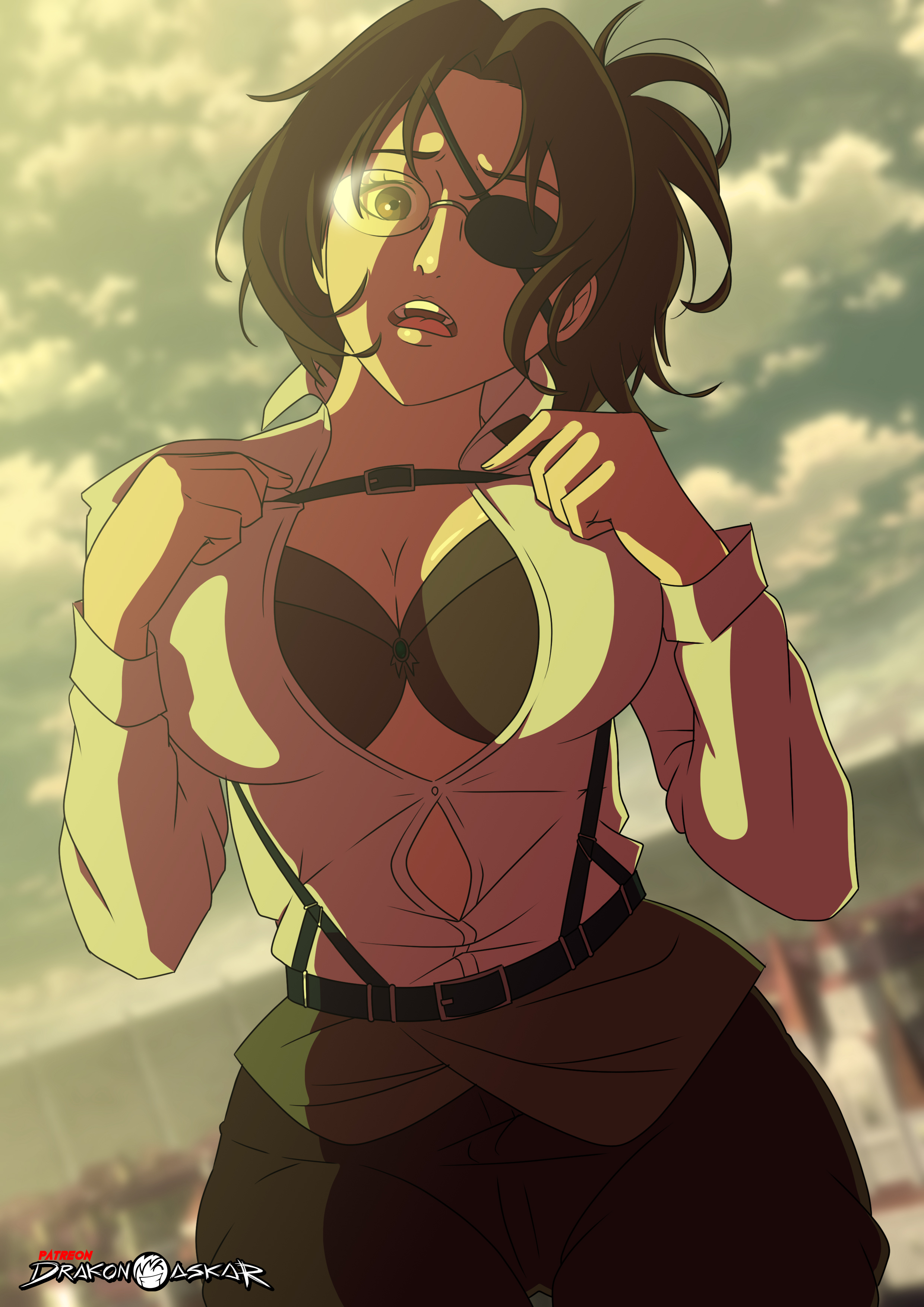 attack on titan, big breasts, bra, breasts, cleavage, clothed, drakonaskar, eyepatch, female, glasses, hanji zoe, nonude, open shirt, patreon, shingeki no kyojin, solo