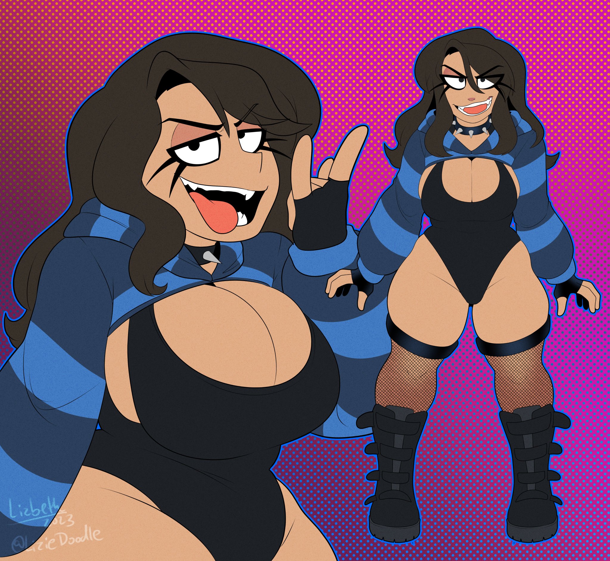 1girls, big breasts, boob window, breasts, brown hair, character sheet, choker, female, female only, fingerless gloves, fishnet legwear, lizielewddle, lizielewddle (character), peonypetals, tan skin, thick, thick thighs