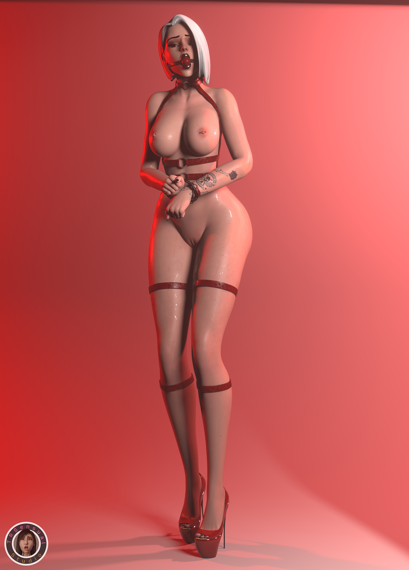 1girls, 3d, ashe (overwatch), ass, ball gag, bdsm outfit, big ass, big breasts, black lipstick, bondage, bound, bound wrists, breasts, corset, female, gag, gagged, hairless pussy, high heels, lipstick, long fingernails, makeup, nipple piercing, overwatch, pierced nipples, piercing, piercings, platform heels, red eyes, short hair, standing, sweat, sweaty body, tattoo, tied hands, trsensualstudio, watermark, white hair