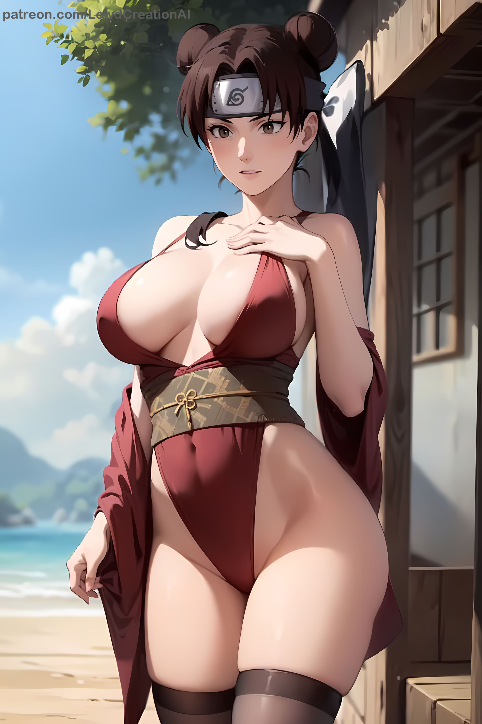 ai generated, beach, big breasts, blush, blush lines, blushing at viewer, boruto: naruto next generations, breasts, breasts out, brown eyes, brown hair, cleavage, female, forehead protector, hand on breast, kimono, lewdcreationsai, looking at viewer, naruto, naruto (classic), naruto (series), naruto shippuden, naruto: the last, navel, navel visible through clothes, outdoors, slim, slim waist, smile, smirk, tenten, thick, thick thighs, thighhighs, thighs