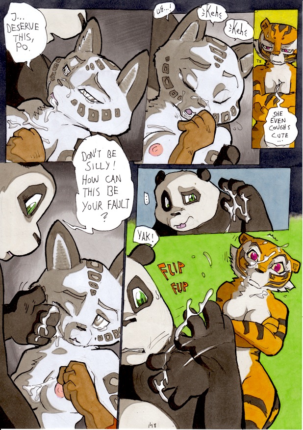 anthro better_late_than_never breasts closed_eyes comic cum cum_on_face cum_on_hand cum_string daigaijin dialog english_text feline female fur furry gloves green_eyes kung_fu_panda male master_po_ping master_tigress nipples nude one_closed_eyes page_148 panda red_eyes song_(kung_fu_panda) text tiger