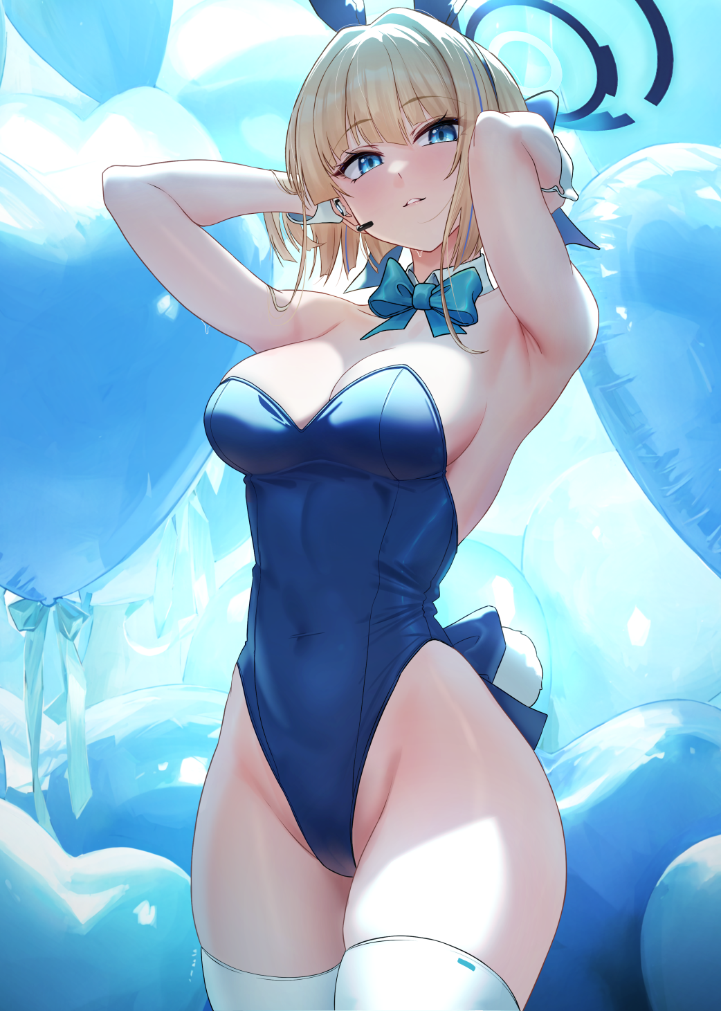 1girls animal_ears aqua_bow aqua_bowtie armpit balloon blonde_hair blue_archive blue_background blue_eyes blue_hairband blue_halo blue_leotard bow bowtie breasts bunny_ears bunny_girl bunnysuit cleaning_&_clearing_(blue_archive) cleavage cowboy_shot detached_collar earpiece eyebrows_visible_through_hair fake_animal_ears fake_tail female hairband halo hi_res highleg highleg_leotard highres large_breasts leotard light-skinned_female light_skin looking_at_viewer medium_breasts millennium_science_school_student official_alternate_costume playboy_bunny rabbit_ears rabbit_tail solar_(happymonk) solo strapless strapless_leotard tail thighhighs toki_(blue_archive) toki_(bunny)_(blue_archive) white_thighhighs white_wrist_cuffs wrist_cuffs