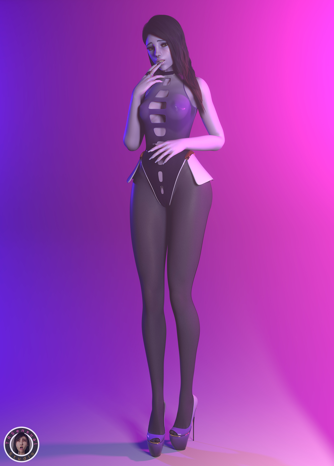 3d, ass, big ass, bodysuit, breasts, earrings, female, high heels, leotard, long fingernails, long hair, medium breasts, navel piercing, overwatch, pantyhose, piercings, platform heels, purple hair, purple lipstick, ring, see-through clothing, solo, sweat, sweaty body, tattoo, thick thighs, trsensualstudio, watermark, widowmaker, yellow eyes