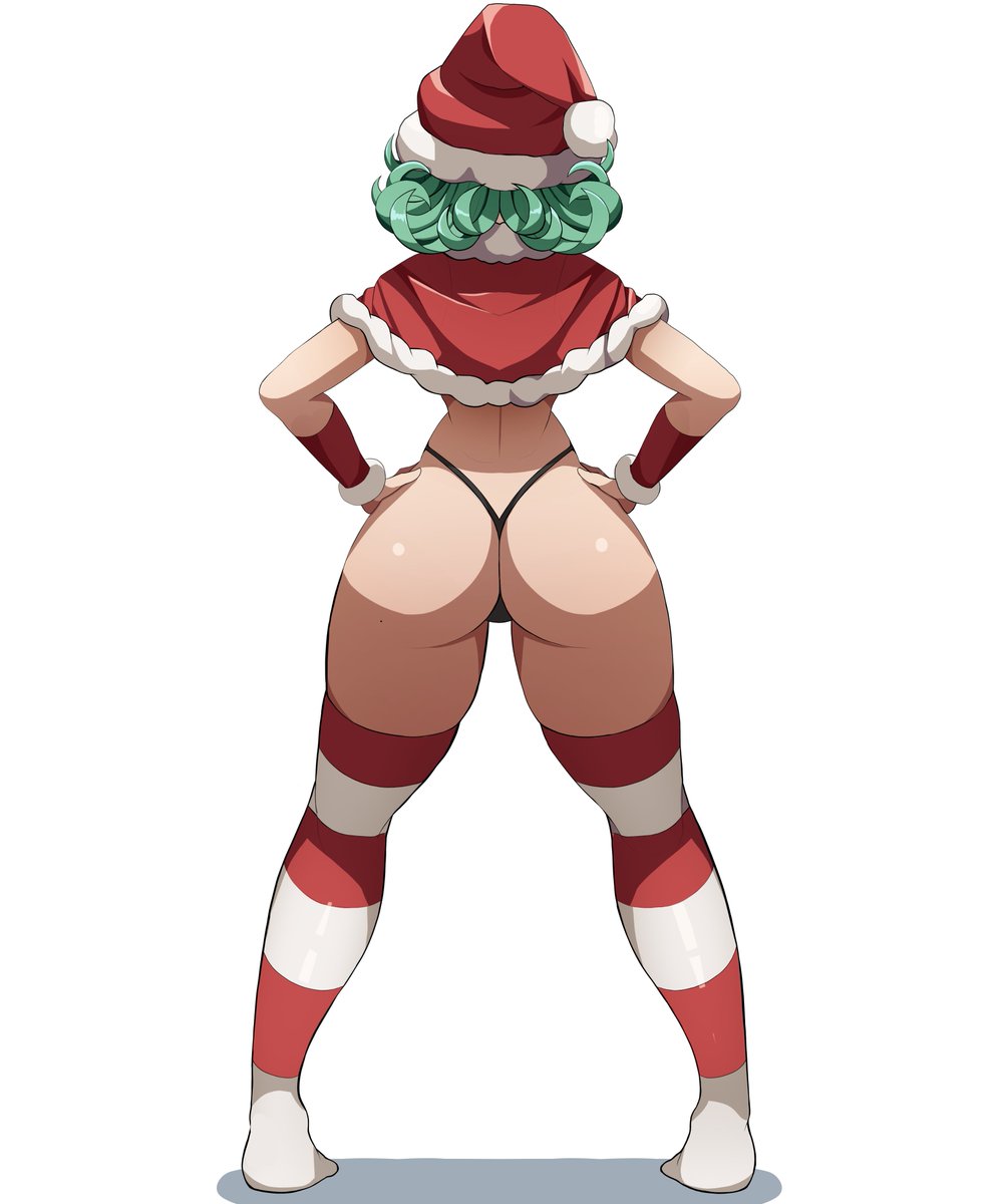 1girls ass butt christmas christmas_outfit female female_focus female_only from_behind full_body g-string green_hair lixiart one-punch_man red_socks socks striped_socks tagme tatsumaki thigh_socks thighhighs thong white_socks wide_hips