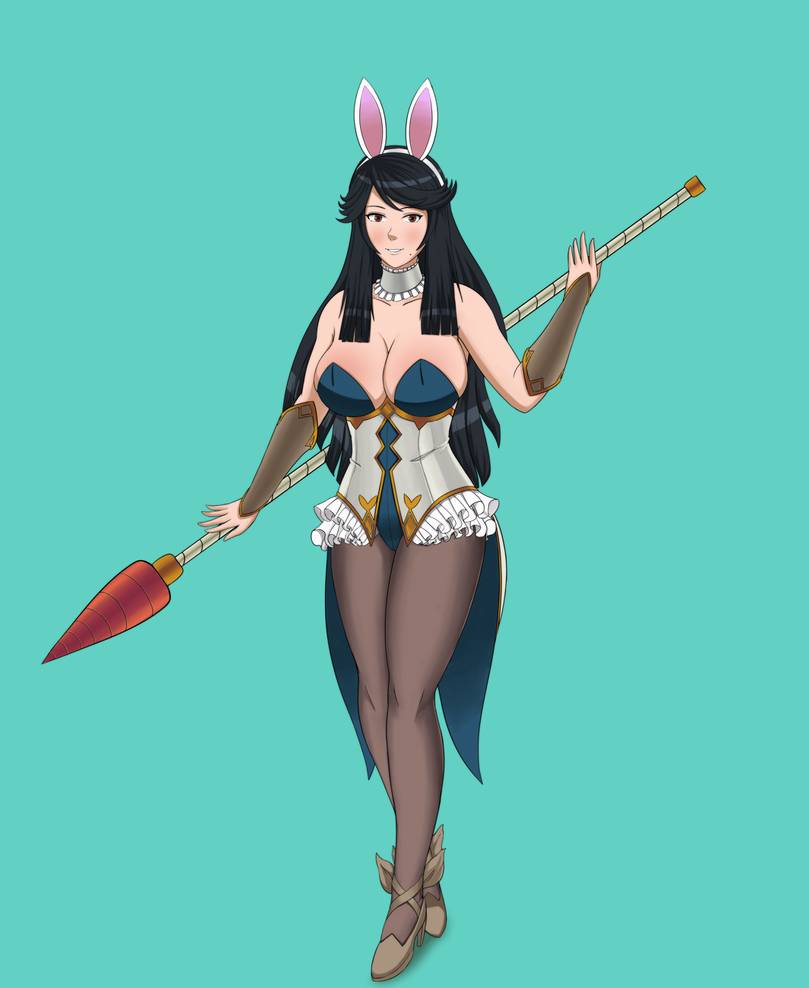 1girls alternate_costume black_hair breasts bunny_ears bunny_girl bunnysuit carrot cleavage coattails cosplay dpannkaka female female_only fire_emblem fire_emblem_fates fire_emblem_heroes large_breasts leotard mikoto_(fire_emblem) nintendo pannkaka666 pantyhose solo source_request spear