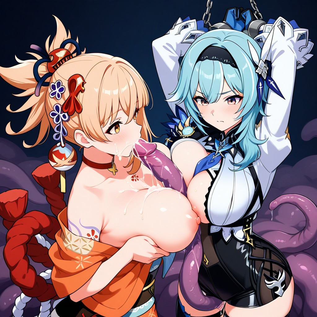 2girls ai_generated blonde_hair blowjob blue_hair bondage boobjob breast_grab breasts breasts_out bukkake chained chains cooperative_paizuri cum cum_on_breasts double_paizuri eula_(genshin_impact) fellatio female genshin_impact hair long_hair multiple_paizuri oral orange_eyes paizuri restrained ripped_clothing short_hair submissive submissive_female tentacle tentacle_bondage titjob vision_(genshin_impact) yoimiya_(genshin_impact)