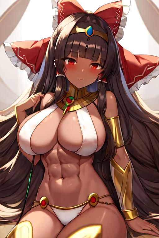 abs ai_generated breasts egyptian egyptianification female huge_ass huge_breasts midriff race_swap reimu_hakurei thick_thighs touhou transformation transformation_sequence wide_hips