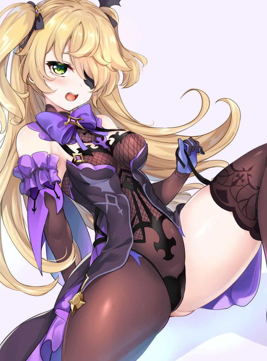 1girls ass blonde_hair blush bodysuit breasts eyepatch female fischl_(genshin_impact) fishnets garter_straps genshin_impact green_eyes hinata_sora panties pantyhose small_breasts solo solo_female thighhighs