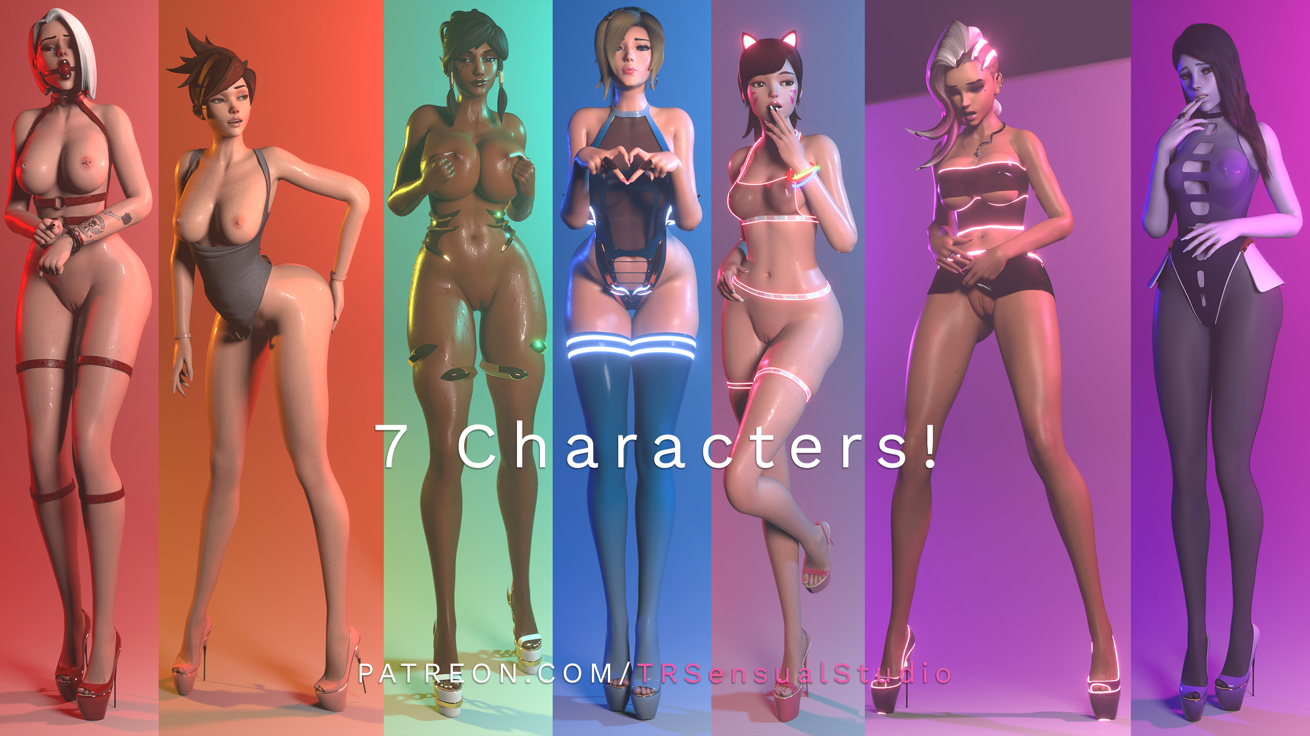 3d, 6+girls, ashe (overwatch), ass, ball gag, bdsm outfit, big ass, big breasts, black lipstick, blonde hair, blue eyes, bodysuit, breasts, brown eyes, brown hair, brown lipstick, cat ears, corset, d.va, dark skin, earrings, female, female only, freckles, freckles on chest, freckles on face, high heel boots, high heels, huge breasts, leotard, long fingernails, long hair, medium ass, medium breasts, mercy, navel piercing, necklace, neon lights, overwatch, pantyhose, pharah, pierced nipples, piercings, pink lipstick, platform heels, ponytail, purple eyes, purple hair, purple lipstick, red eyes, ring, see-through clothing, short hair, side shave, silver hair, skirt, small ass, small breasts, sombra, standing, sweat, sweaty body, tank top, tattoo, thick thighs, thigh gap, tied hands, tracer, trsensualstudio, watermark, white hair, widowmaker, yellow eyes