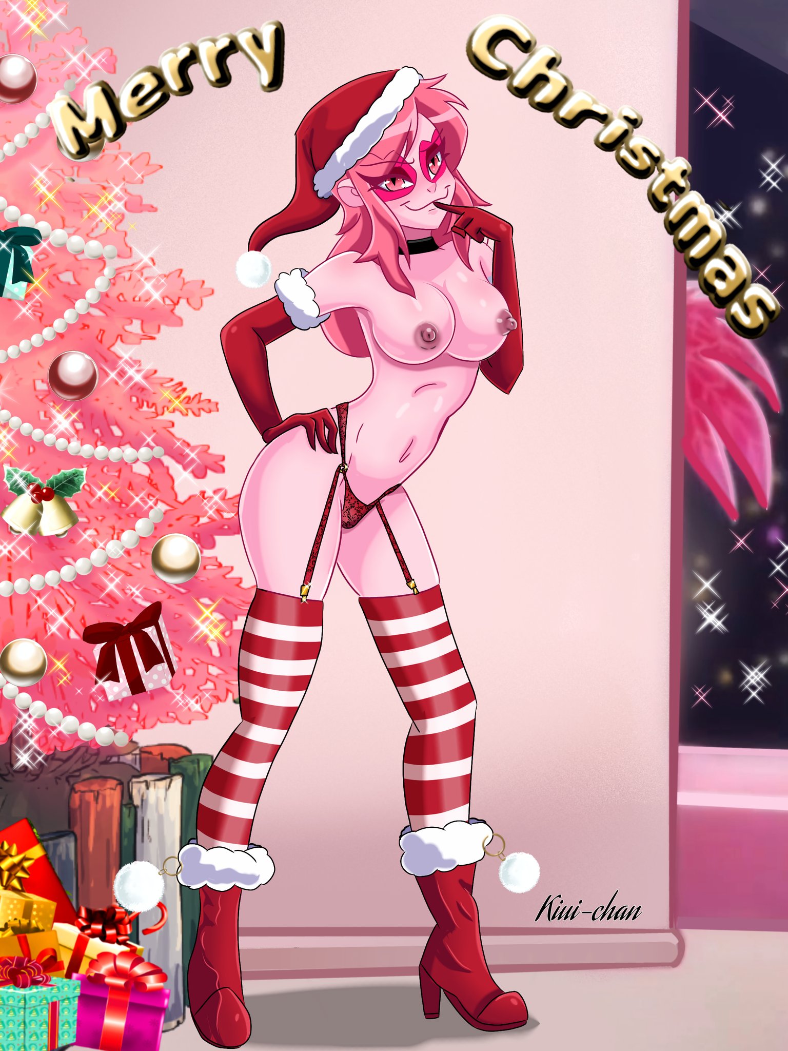 athletic, athletic female, breasts, busty, cartoon network, christmas, christmas outfit, female, female focus, female only, full body, hourglass figure, kiui-chan, miss heed (villainous), pink body, pink eyes, pink hair, pink skin, tagme, villainous, wide hips