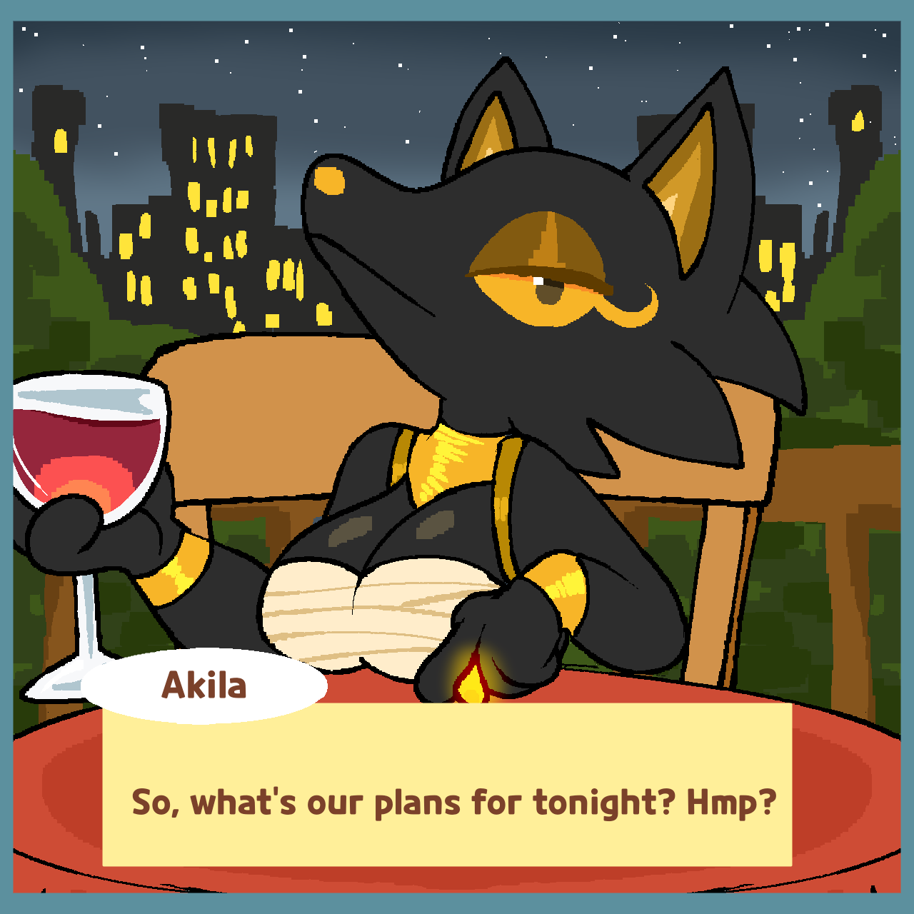 anthro black_body black_fur breasts clothed clothed_female clothing date eyelashes eyeliner female female_only fox fox_ears fox_girl gold_highlights large_breasts snappy_snaz table talking talking_to_viewer text_box text_bubble wine wine_glass