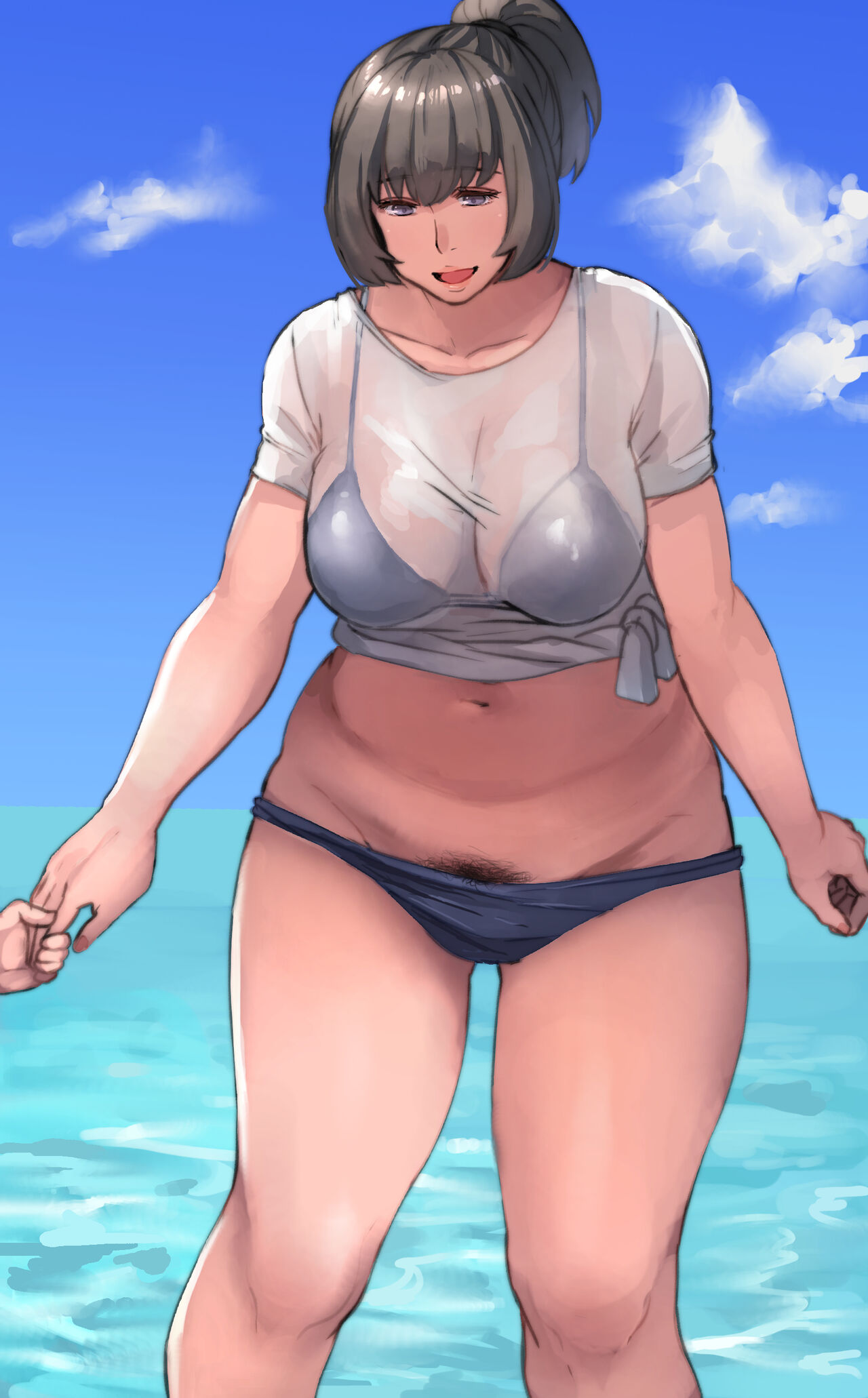 1girls, 1other, 2018, absurd res, ambiguous gender, bare arms, beach, bikini, bikini under clothes, black hair, blue bikini, blue eyes, breasts, clothing, cloud, disastrous wife (pepe (jonasan)), female, female focus, highres, holding hands, large breasts, leaning forward, mature female, navel, ocean, open mouth, original, outdoors, partially submerged, pepe (jonasan), ponytail, pubic hair, pubic hair peek, see-through, see-through clothing, shirt, short hair, short ponytail, sky, smile, solo focus, standing, thick thighs, thighs, tied hair, tied shirt, tongue, water, white shirt