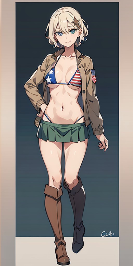 ai_generated america_(hetalia) american_flag_bikini axis_powers_hetalia blonde_hair blue_eyes boots cute hairpin medium_breasts military_jacket nyo!america nyotalia short_hair skirt