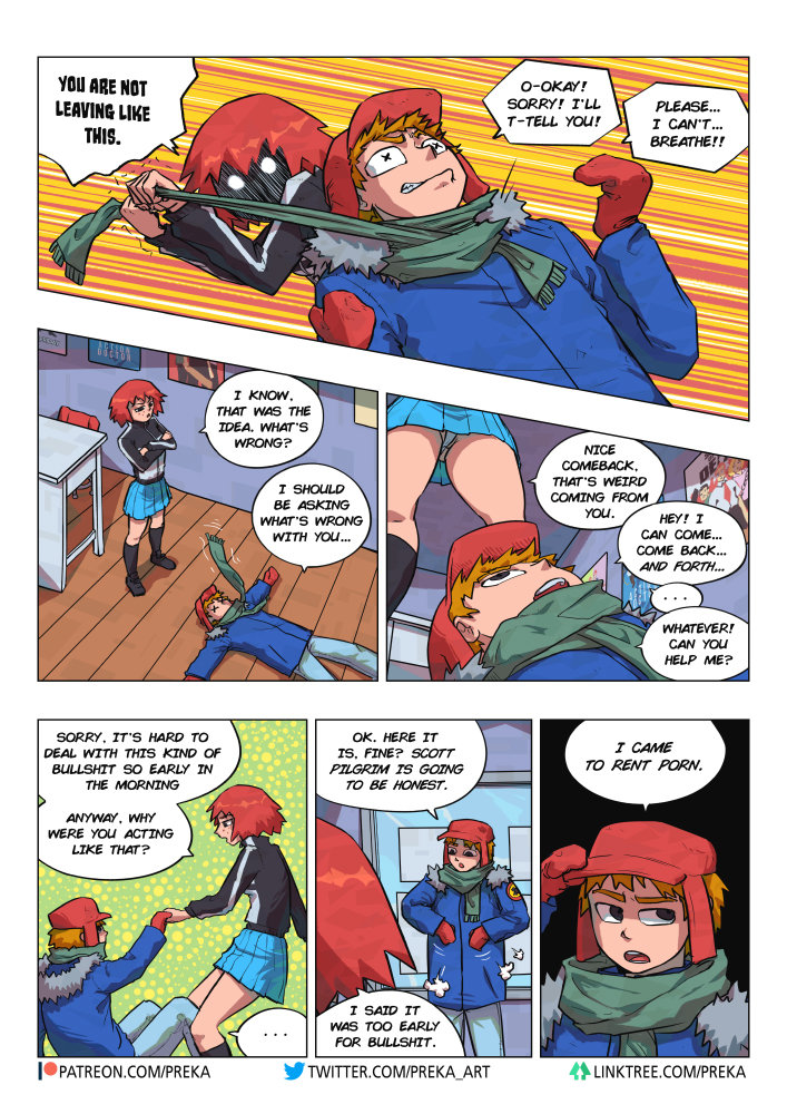 1boy 1girls coat comic_page dialogue english_text female freckles fully_clothed hat kim_pine male miniskirt mittens orange_hair preka red_hair scarf scott_pilgrim scott_w_pilgrim short_hair speech_bubble upskirt x-shaped_pupils