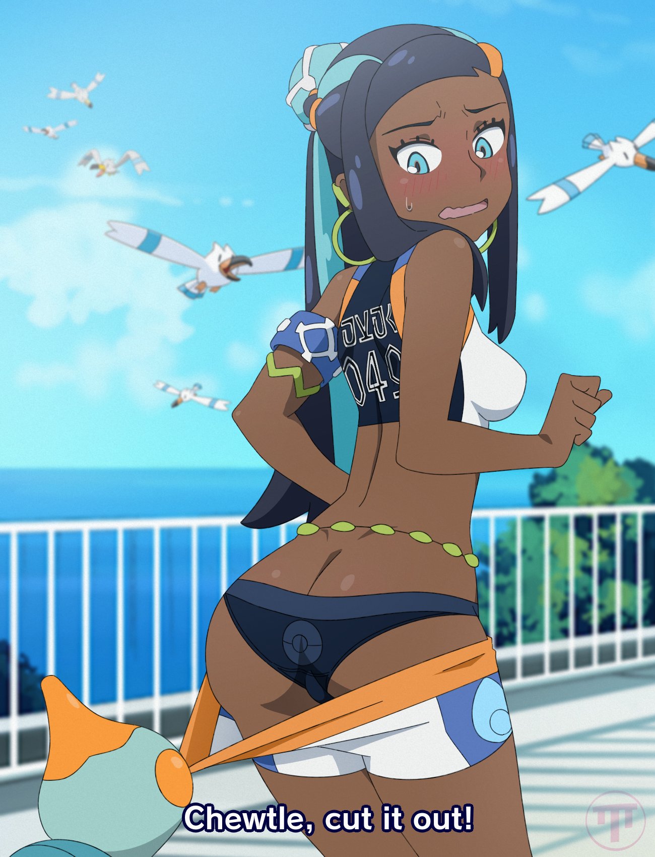 1girls armband armlet ass assisted_exposure back_view beach belly_chain biting_clothes black_bikini black_hair blue_eyes blue_hair blush breasts chewtle coast crop_top dark_skin earrings embarrassed exposed_ass female from_behind gym_leader hair_ornament hoop_earrings human jewelry long_hair looking_back medium_breasts multicolored_hair nessa_(pokemon) nintendo pantsing pokeball_logo pokemon pokemon_(species) pokemon_ss pulling_pants_down sportswear streaked_hair striped_clothing striped_panties sweatdrop threetwigs watermark wingull wristband