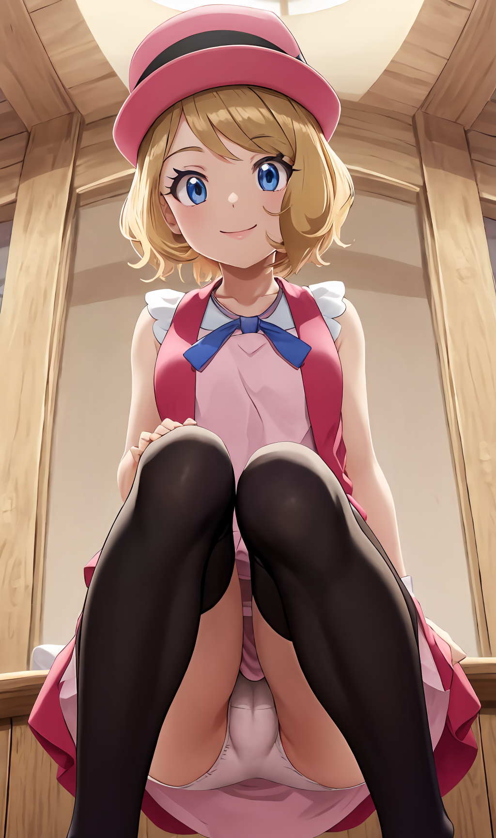 ai generated, cameltoe, female, panties, pokemon, pussy, serena (pokemon), short hair, smile, upskirt