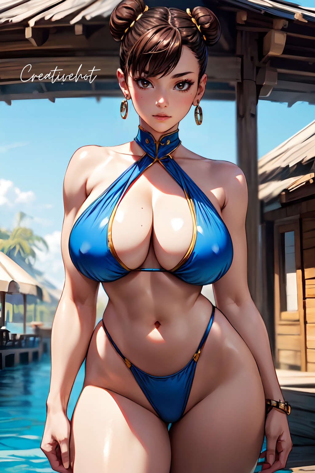 1girls, abs, ai generated, belly button, big breasts, bikini, breasts, brown eyes, brown hair, capcom, chun-li, collarbone, female, looking at viewer, muscles, solo, solo female, solo focus, street fighter, thick thighs, thighs, toned, toned female, wide hips