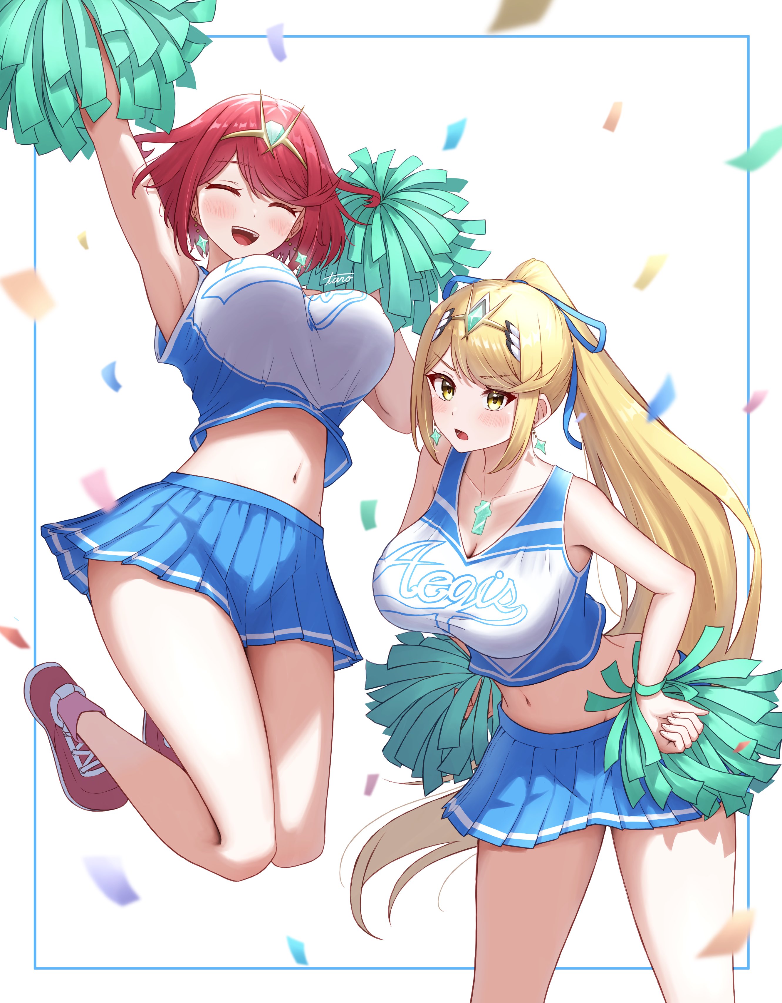 2girls, armpits, bare shoulders, blonde hair, blush, bob cut, bouncing breasts, breasts, cheerleader, chest jewel, cleavage, core crystal, crop top, crop top overhang, earrings, female, female only, headpiece, hi res, high resolution, holding, holding pom poms, jewelry, large breasts, long hair, looking at viewer, midriff, miniskirt, mythra, navel, nintendo, open mouth, pom poms, ponytail, pyra, red hair, short hair, skirt, smile, swept bangs, taro (peach taro51), tiara, very long hair, xenoblade (series), xenoblade chronicles 2, yellow eyes