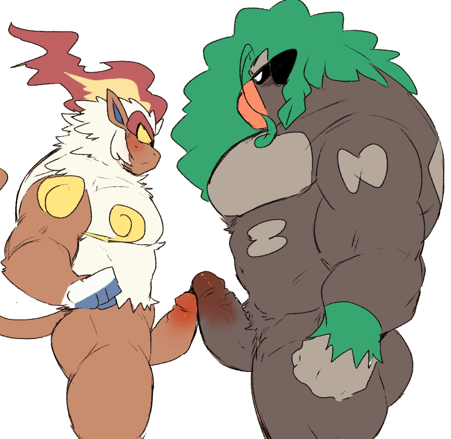 2boys anthro balls bara barazoku blush boner erection furry gay gorilla hyaku_(artist) infernape male male_only monkey muscles muscular nintendo nude penis penis_size_difference penises_touching pokemon pokemon_(species) rillaboom