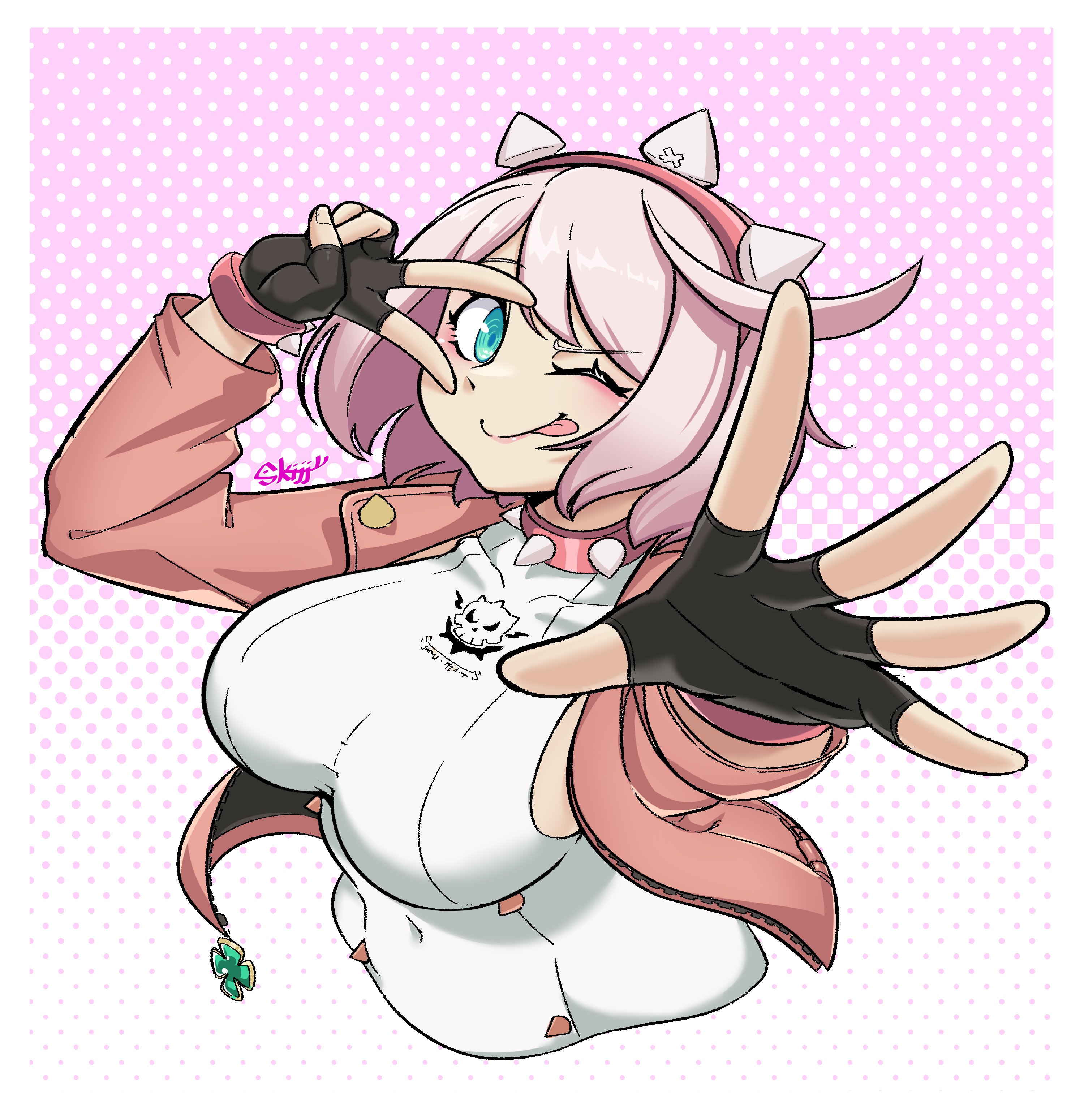 1girls, absurd res, aqua eyes, breasts, collar, cute, elphelt valentine, facing viewer, female, fully clothed, gloves, guilty gear, guilty gear strive, headband, highres, large breasts, light skin, peace sign, pink hair, pink jacket, short hair, skijjy f, smile, solo, tongue, tongue out, white hair, wink