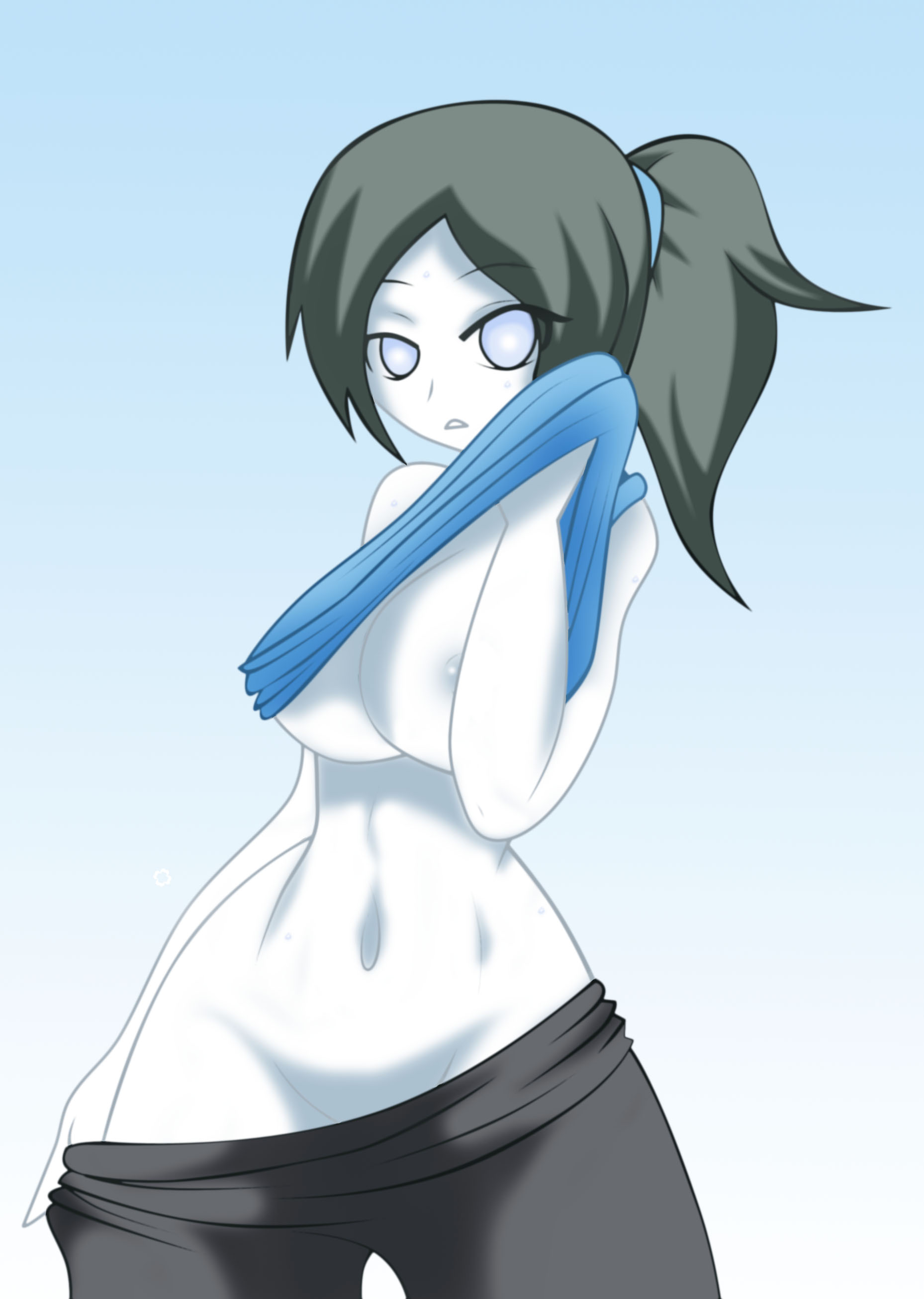 1girls, black pants, breasts, casual, cleavage, clothing, female, female only, human, large breasts, lucky jj, lucky-jj, navel, nintendo, nipples, pale skin, pants, pants down, pants pull, pants pulled by self, shirt, shirt lift, shirt lifted by self, solo, sportswear, tank top, tank top lift, tank top lift by self, undressing, white skin, wii fit, wii fit trainer, wii fit trainer (female), yoga pants