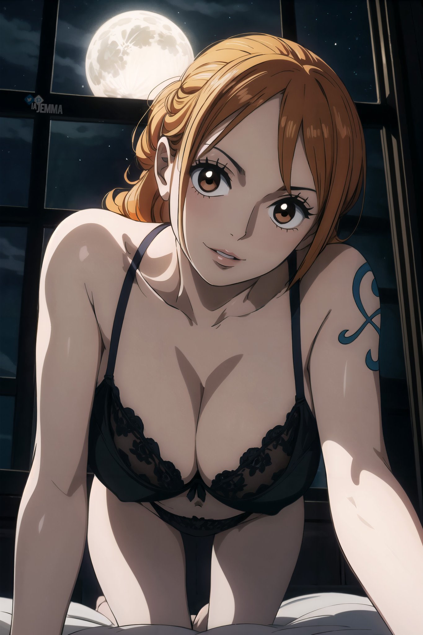 1girls, ai generated, all fours, big breasts, bra, breasts, brown eyes, cleavage, crouching, crouching female, facing viewer, female, female only, indoors, jemmasoria, long hair, moon, nami (one piece), night, one piece, orange eyes, orange hair, panties, post-timeskip, red hair, tattoo, underwear