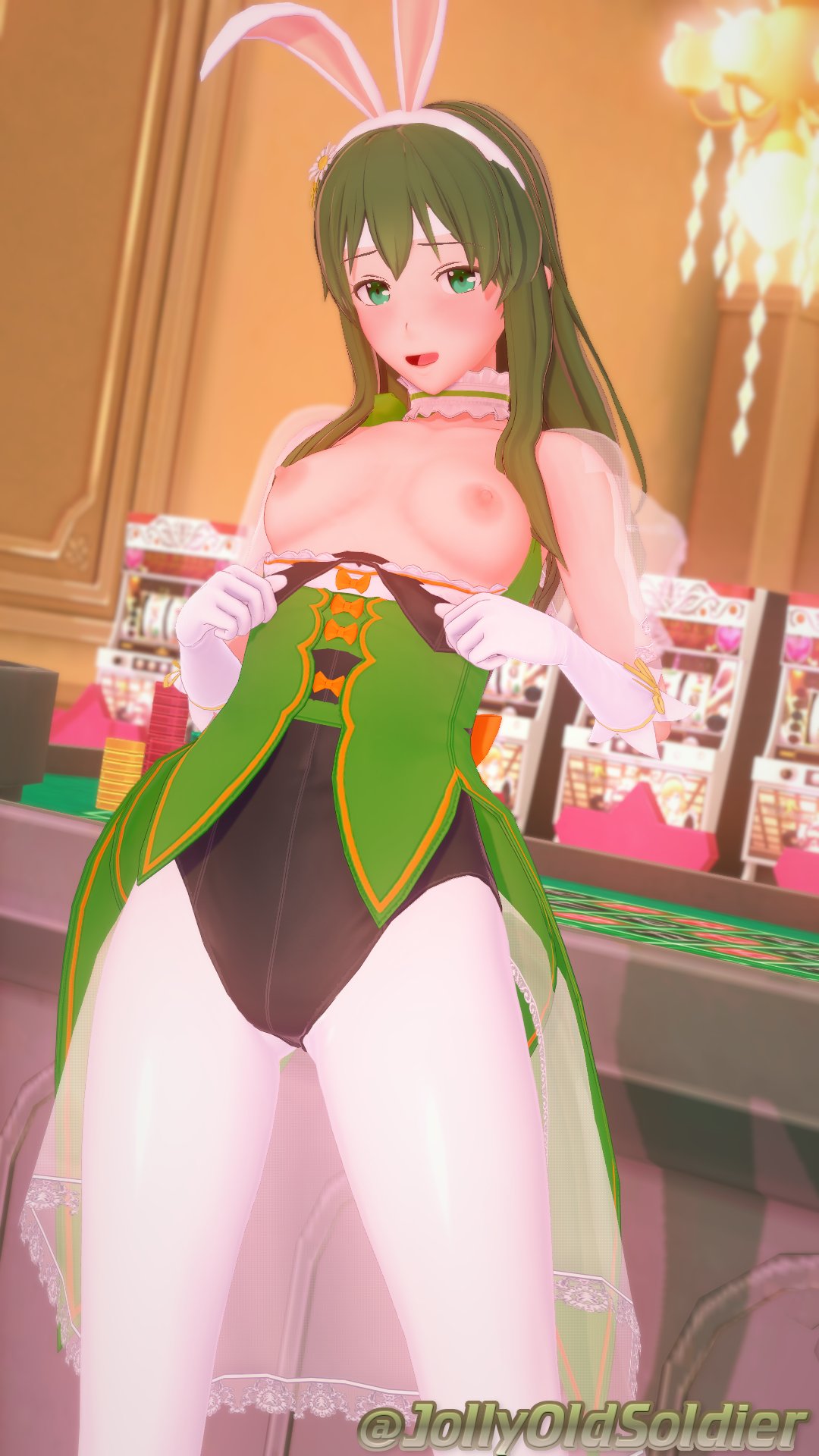 1girls 3d adapted_costume alternate_costume breasts breasts_out bunny_ears bunny_girl bunnysuit casino choker easter elbow_gloves female female_only fire_emblem fire_emblem:_mystery_of_the_emblem fire_emblem:_shadow_dragon_and_the_blade_of_light fire_emblem_heroes flashing gloves green_eyes green_hair indoors jollyoldsoldier leotard long_hair looking_at_viewer nintendo nipples official_alternate_costume open_mouth palla_(fire_emblem) palla_(spring)_(fire_emblem) pantyhose roulette_table see-through slot_machine small_breasts smile solo table