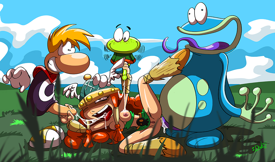 1girls 3boys anal artist_request barbara_(rayman) barbarian belt clothing female footwear globox group_sex handwear headgear helmet human interspecies male murfy orgy outdoors rayman rayman_(series) red_hair sex tagme