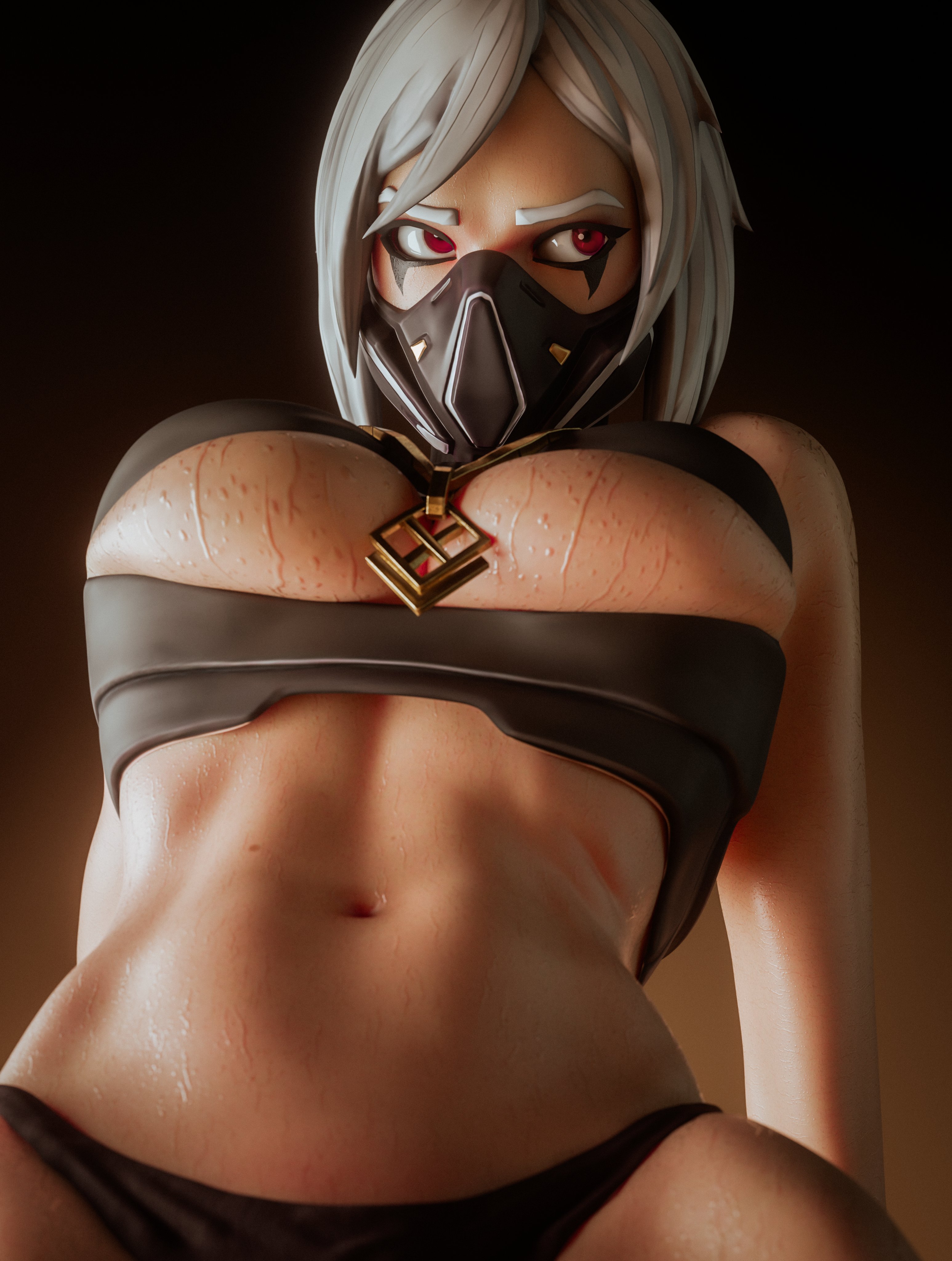 3d, 3d (artwork), blender, breasts, clothed, clothed female, clothing, epic games, female, fortnite, fortnite: battle royale, fully clothed, fully clothed female, highres, hush (fortnite), looking away, mask, masked, masked female, skimpy, skimpy clothes, sweat, sweatdrop, sweating, tagme, underboob