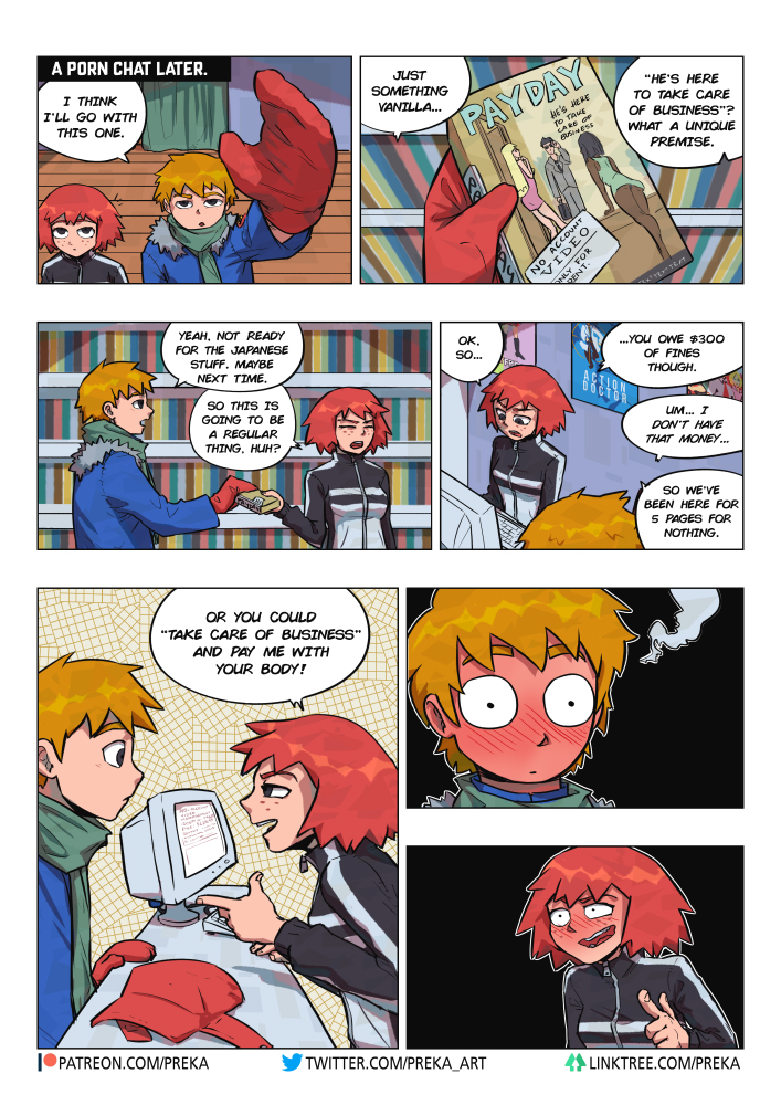 1boy1girl black_eyes blush coat comic_page dialogue did_i_just_say_that? embarrassed english_text female freckles fully_clothed kim_pine male mittens orange_hair preka red_hair scarf scott_pilgrim scott_w_pilgrim short_hair speech_bubble steam