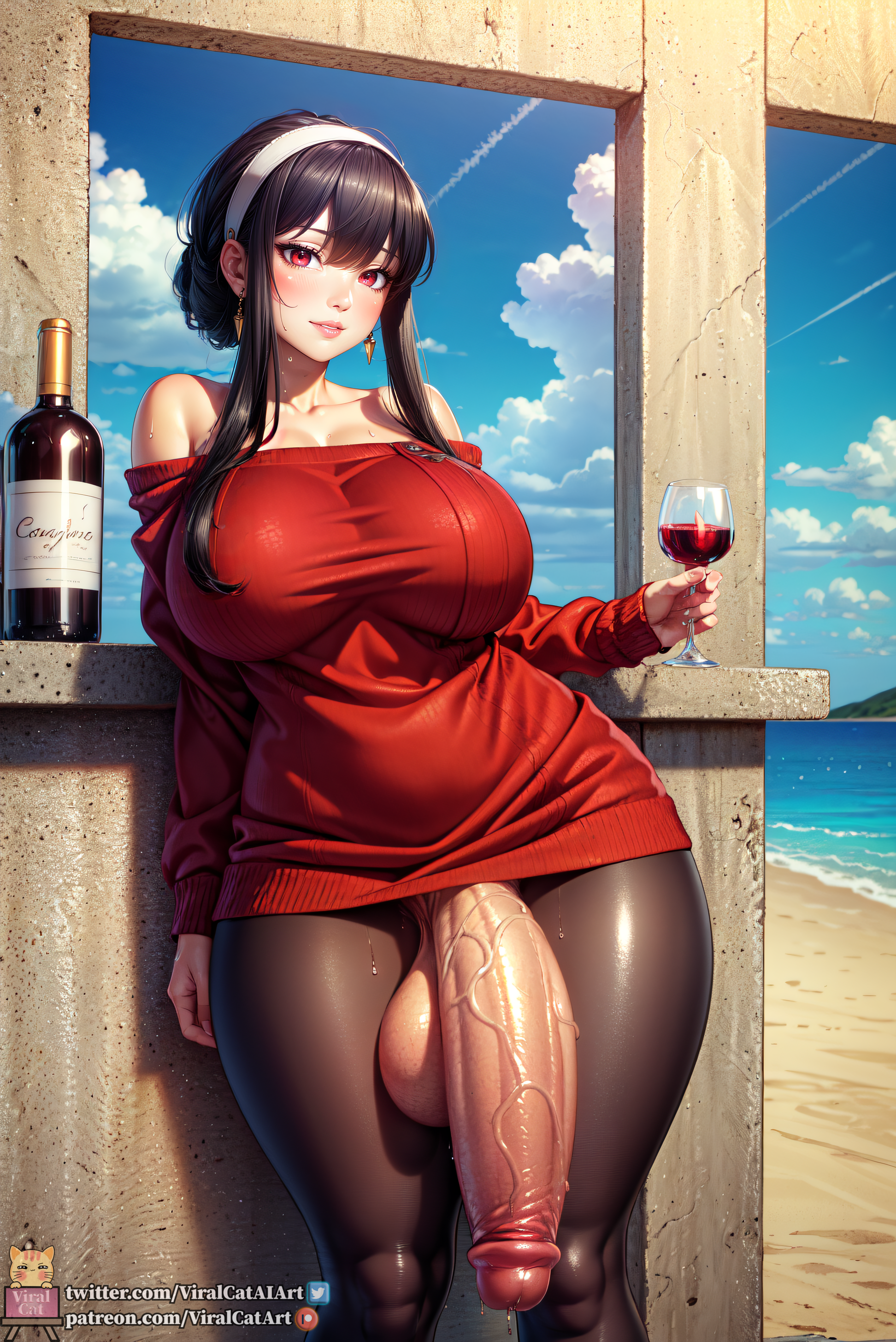 1futa, 2023, absurd res, absurdres, ai generated, balls, bangs, beach, big balls, big breasts, big penis, big testicles, big thighs, black hair, blue sky, blush, blushing at viewer, bottom heavy, breasts, child bearing hips, cloud, clouds, collarbone, covered nipples, curvaceous, curvy, dickgirl, ear piercing, earrings, enormous penis, erect penis, erection, exposed penis, eyelashes, eyeliner, fat cock, female, fit, fit futa, flaccid, flaccid penis, futa focus, futa only, futanari, hair between eyes, hair ornament, hairband, half-erect, happy, hard on, hi res, high resolution, highres, hips, horny, huge balls, huge breasts, huge cock, huge testicles, in heat, intersex, invitation, inviting, inviting to sex, large balls, large breasts, large penis, large testicles, leaning, leaning against wall, leaning back, lips, long hair, long penis, long sleeves, looking at viewer, makeup, massive breasts, massive penis, massive thighs, mature female, milf, narrow waist, naughty face, no panties, no underwear, off shoulder, outdoors, outside, pantyhose, parted lips, partially clothed, penis, presenting, presenting penis, red eyes, red sweater, sea, seaside, seductive, seductive eyes, seductive gaze, seductive look, seductive pose, self upload, shiny hair, shiny skin, sidelocks, sky, slender waist, smile, smiling, smiling at viewer, smooth skin, solo, solo focus, spy x family, stable diffusion, standing, sunlight, sweat, sweatdrop, sweater, sweaty genitalia, tall, tally, testicles, thick penis, thick thighs, thighs, throbbing penis, top heavy, twitching penis, uncensored, veins, veiny penis, viralcat, voluptuous, voluptuous futa, waist, wide hips, wine, wine bottle, wine glass, yor briar, yor forger