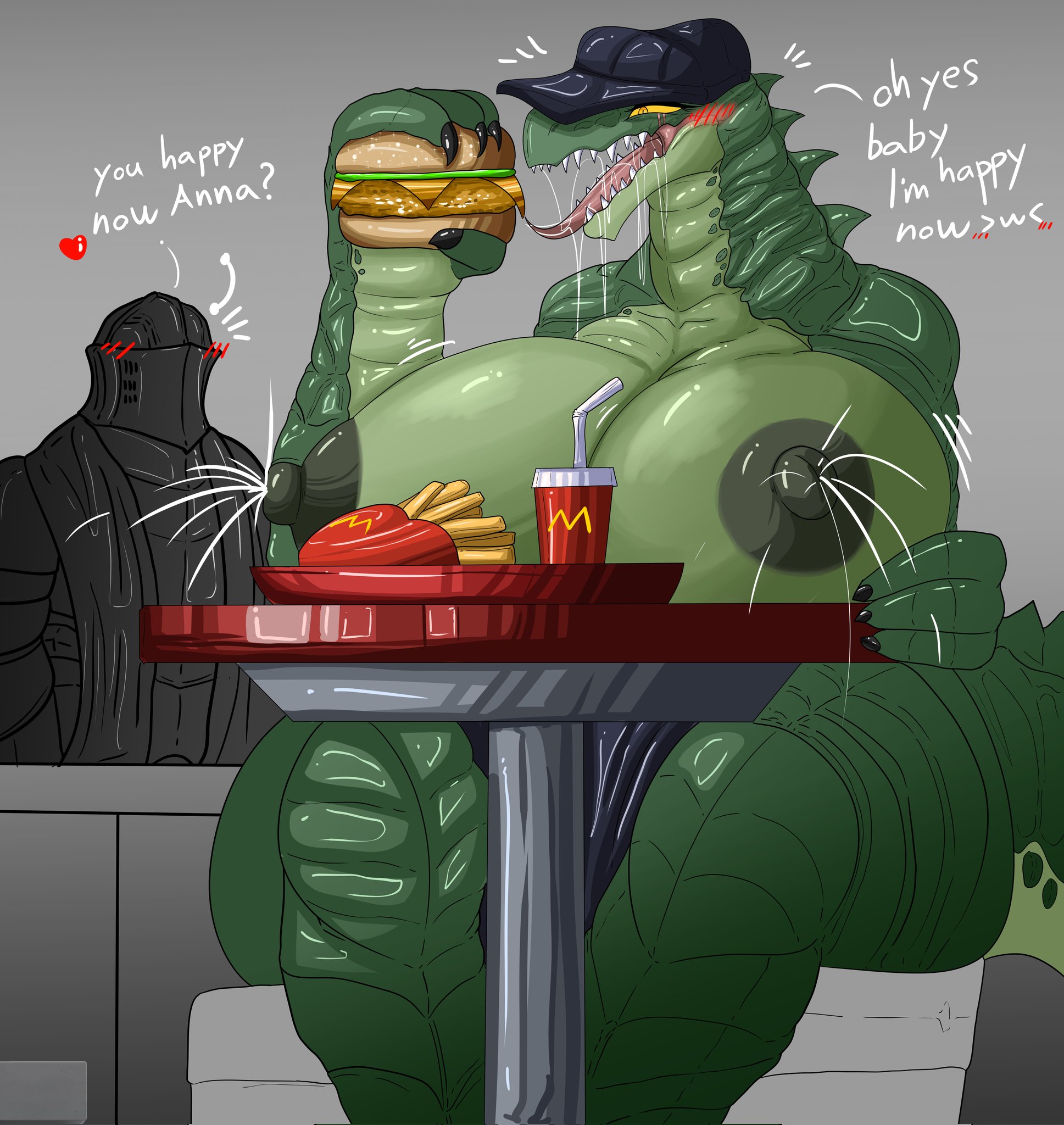 alligator, alligatorid, anthro, areola, armor, big breasts, blush, bodily fluids, breasts, burger, clothed, clothing, coca-cola, crocodilian, curvy figure, dialogue, duo, eating, english text, female, food, fries, green body, hat, headgear, headwear, hi res, huge breasts, human, knight, lactating, male, mammal, mcdonald's, nipples, non-mammal breasts, non-mammal nipples, open mouth, reptile, saliva, scalie, simple background, sitting, teeth, text, thick thighs, vf-01s, voluptuous, warrior, wide hips