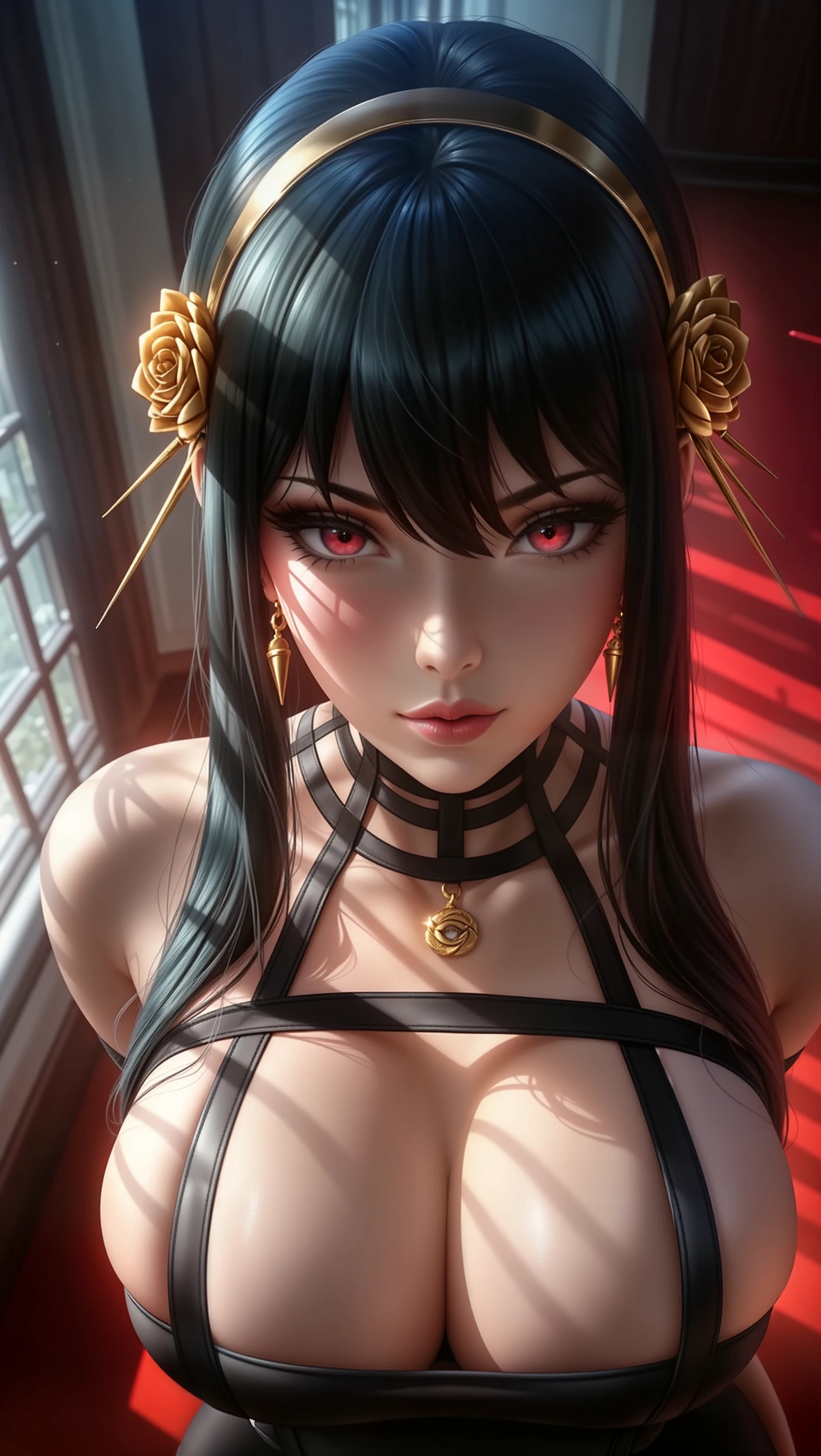 ai generated, big breasts, breasts, close-up, dress, fake breasts, female, huge breasts, large breasts, lipstick, looking at viewer, portrait, red eyes, skindentation, sky4maleja, spy x family, yor briar, yor forger