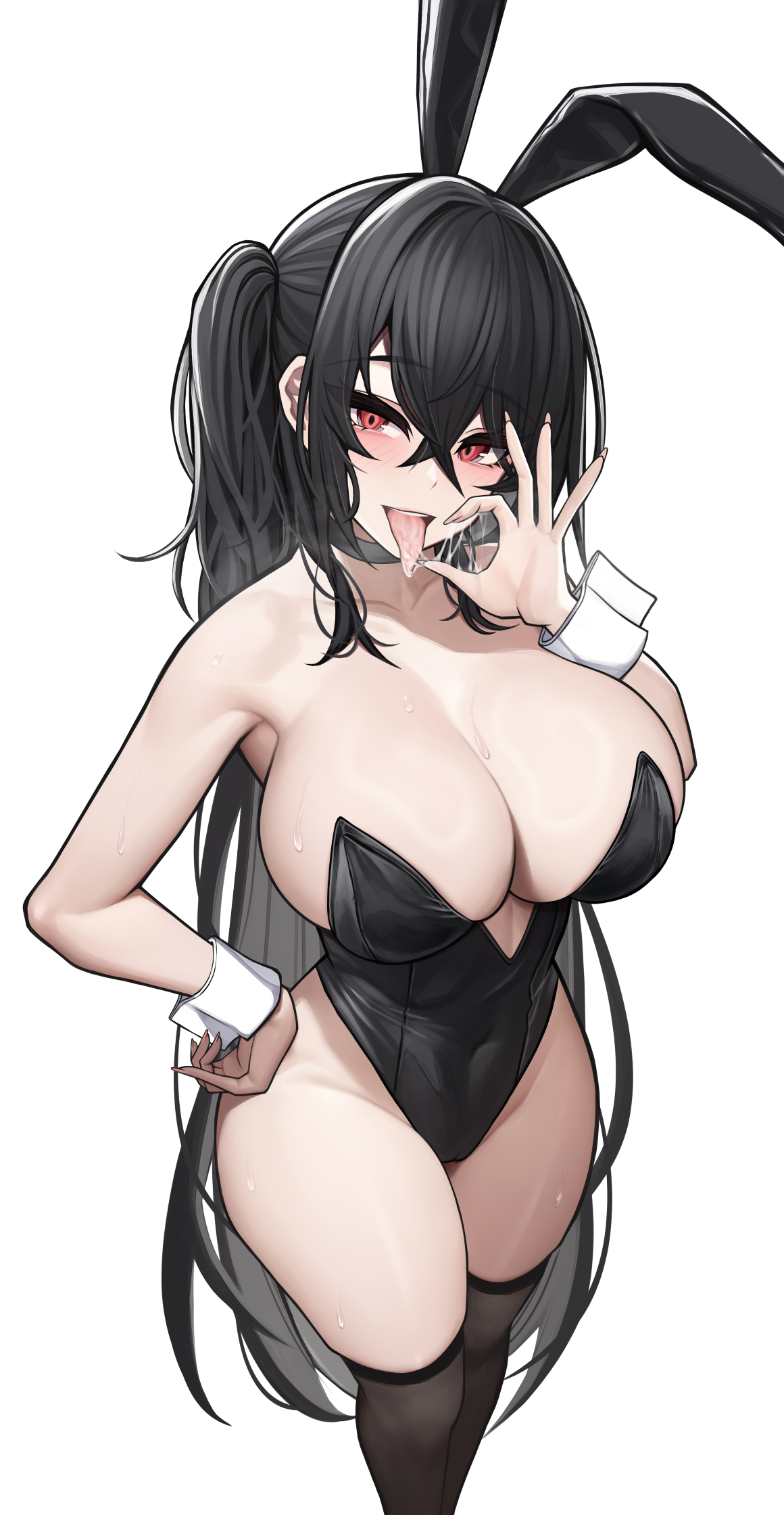 1girls, azur lane, black hair, breasts, bunny ears, bunny girl, bunnysuit, female, hips, huge breasts, light skin, light-skinned female, long, long hair, naughty face, red eyes, sakura empire (azur lane), simple background, siu (siu0207), taihou (azur lane), thick thighs, thighs, wide hips