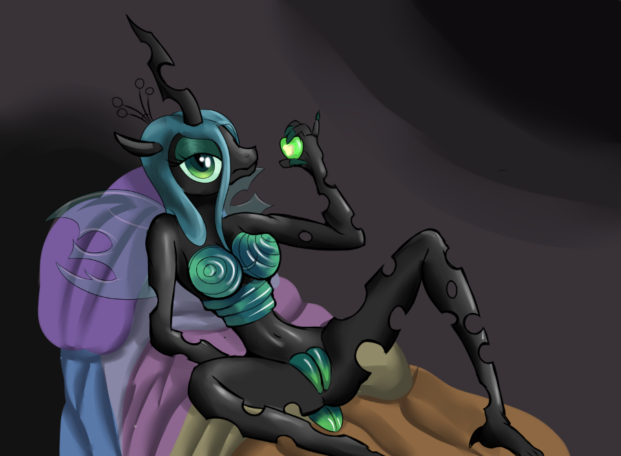 2013 anthro anthrofied breasts changeling female friendship_is_magic green_eyes green_hair hair horn looking_at_viewer my_little_pony queen_chrysalis_(mlp) ragingsemi smooth_skin solo wings