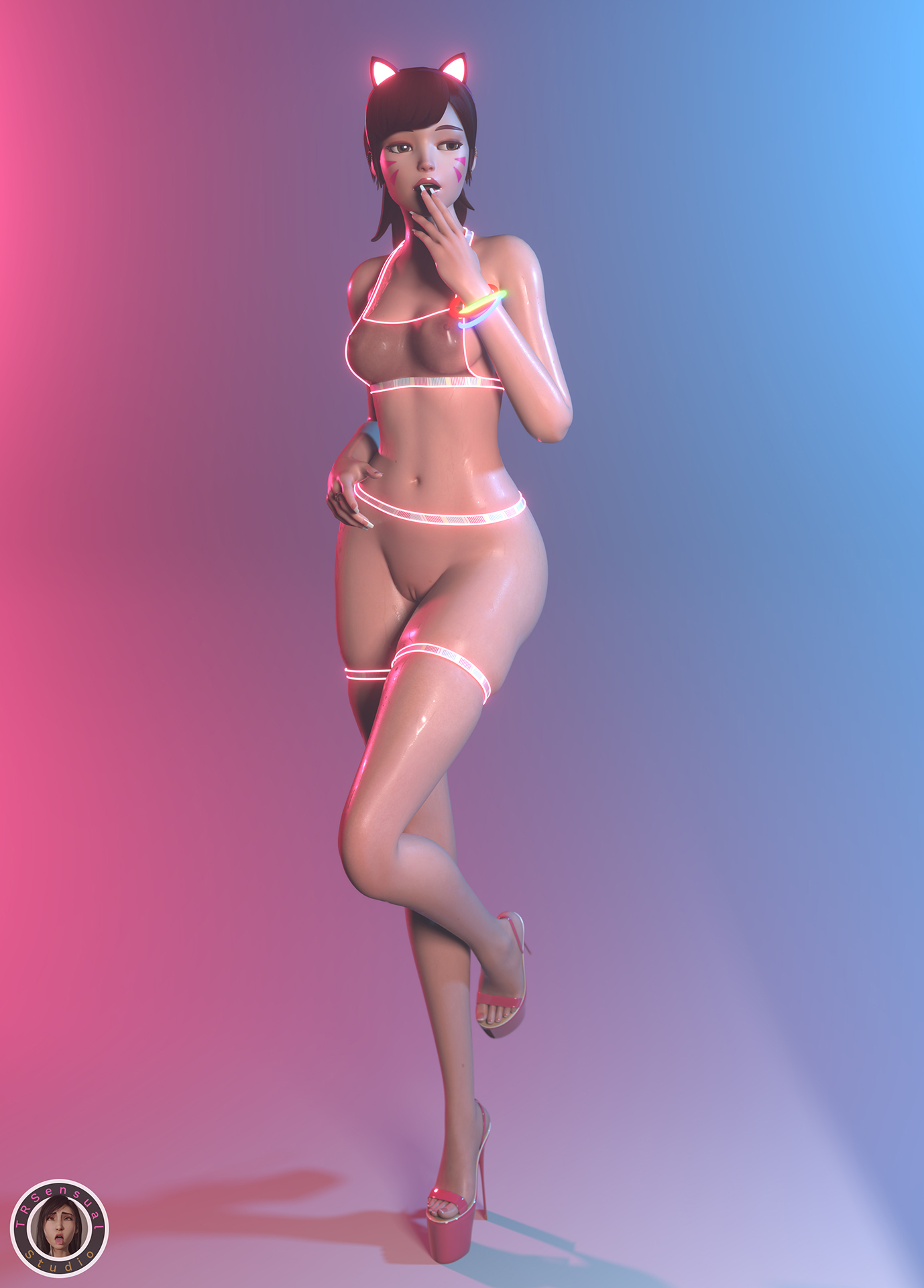 1girls, 3d, 3d (artwork), animal ear headwear, breasts, brown eyes, brown hair, cat ears, d.va, earrings, female, french nails, high heels, long fingernails, long hair, medium breasts, neon lights, overwatch, pink lipstick, platform heels, ponytail, ring, see-through clothing, small ass, small breasts, sweat, sweaty body, tank top, thigh gap, trsensualstudio, watermark, whisker markings
