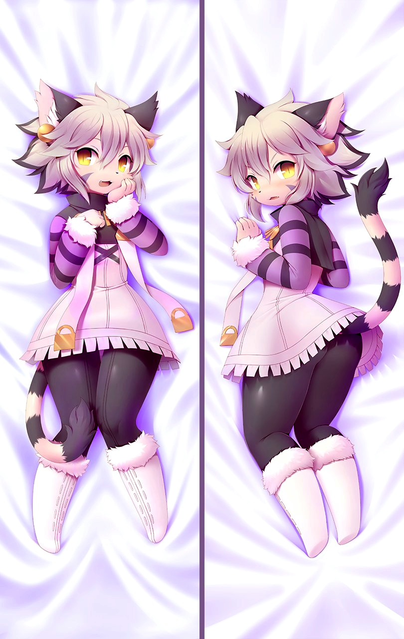 amber_eyes american_shorthair animal_ears bed_sheet black_legwear cat_ears cyberconnect2 dakimakura dakimakura_design elh_melizee felid feline felis funny gray_hair little_tail_bronx looking_at_viewer smile solatorobo solatorobo:_red_the_hunter_(game)